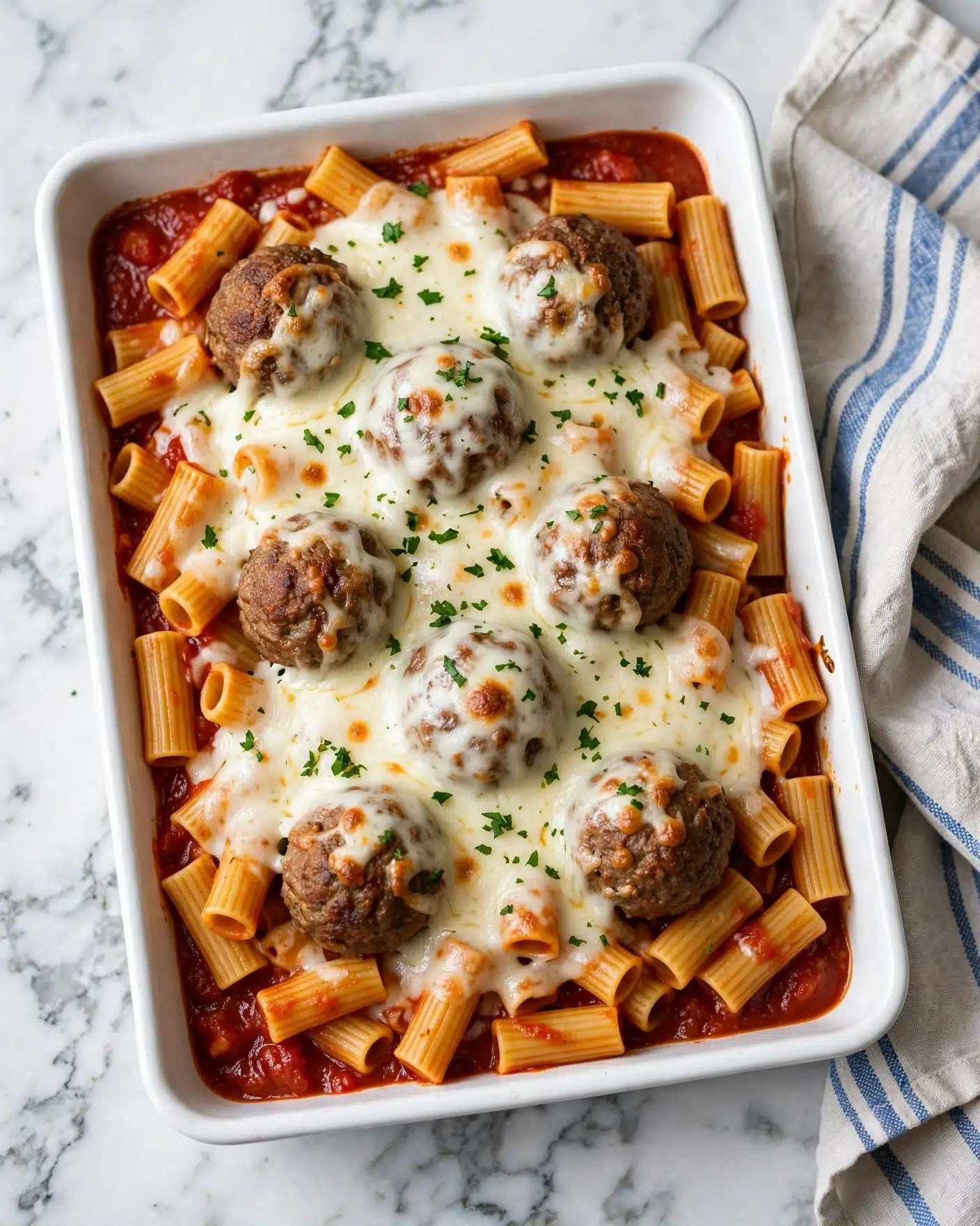 A white rectangular dish filled with several layers: at the bottom, a red tomato sauce covers the base, topped with a layer of short tube pasta mixed evenly. On top of the pasta, there are round brown meatballs spaced across the dish. A generous layer of melted white cheese is draped over the meatballs and pasta, with small green chopped herbs sprinkled all over. The dish sits on a white marbled surface, and there is a light beige cloth with blue stripes to the right side of the dish. Photo taken with an iphone --ar 4:5 --v 7
