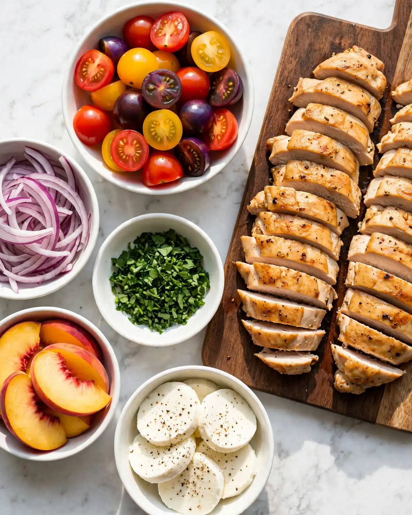 The image shows a top-down view of a food arrangement on a white marbled surface. On the right side, there is a dark cutting board filled with sliced cooked chicken in two rows, the texture showing grill marks and a light golden color. Around the cutting board, five white bowls are placed in a loose circle. The top bowl contains halved cherry tomatoes in red, yellow, and dark purple colors with a shiny, smooth texture. The bowl on the left holds thin, curved red onion slices with a translucent purple color. On the bottom left is a bowl with sliced peaches, showing a mix of reddish and yellow tones and a juicy texture. The bottom center bowl is filled with round slices of fresh mozzarella cheese, white and smooth with some black pepper sprinkled on top. The bowl near the center has finely chopped green herbs with a leafy texture. The whole scene is bright and clean, with natural light enhancing the colors and textures. Photo taken with an iphone --ar 4:5 --v 7
