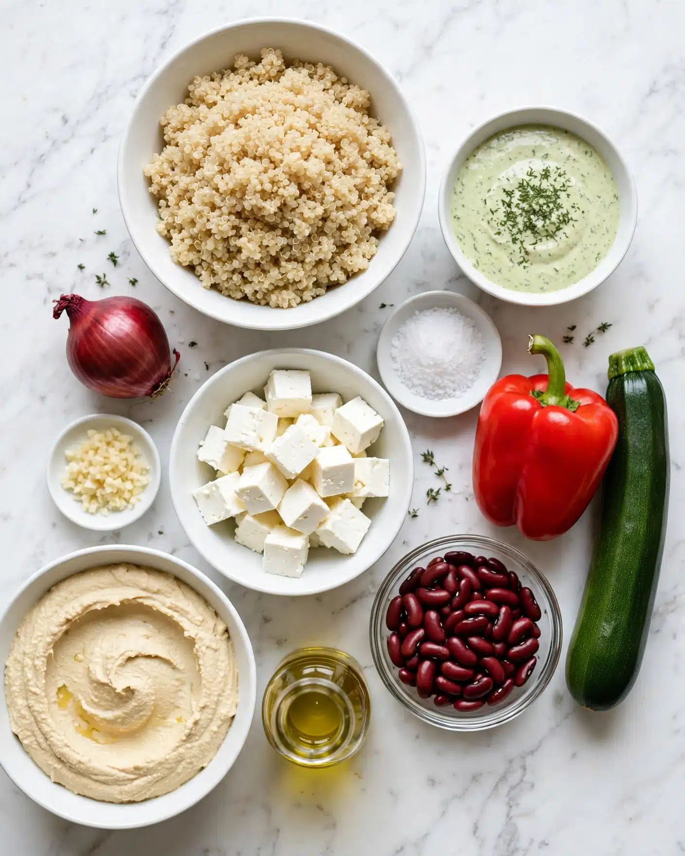 The image shows various fresh cooking ingredients neatly arranged on a white marbled surface. At the top is a white bowl filled with fluffy cooked quinoa. To the right, a small white bowl holds a light green creamy sauce with herbs. Below, there is a clear small bowl containing dark red kidney beans. Nearby, a small white dish has salt crystals, while next to that a whole red bell pepper and a dark green zucchini are placed. Toward the left side, a whole small red onion sits above a tiny white dish with minced garlic. At the bottom left, a large white bowl is filled with smooth creamy hummus, and next to it is a small glass container of golden olive oil. In the middle, a medium white bowl contains cubed white feta cheese. The colors vary from bright red, fresh green, creamy white, and earthy brown, with a clean and simple layout. Photo taken with an iphone --ar 4:5 --v 7