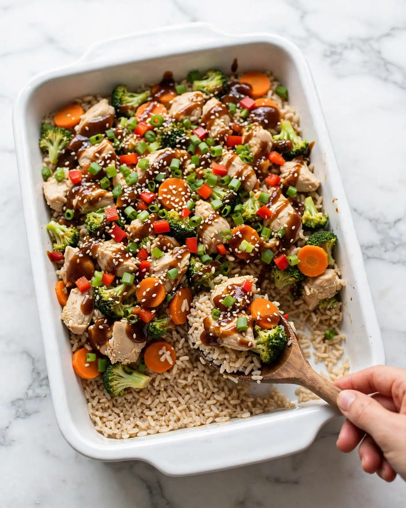The image shows a white rectangular baking dish filled with a mixed rice dish. The dish contains three main layers: the bottom layer is light brown cooked rice, the middle layer has chunks of light beige cooked chicken and small pieces of green broccoli and orange carrot slices, and the top layer is sprinkled with bright green chopped scallions, red bell pepper pieces, and white sesame seeds. Dark brown sauce is drizzled unevenly over the top. A wooden spoon with some of the rice mixture rests inside the dish, with a woman's hand holding the spoon. The dish is placed on a white marbled surface. Photo taken with an iphone --ar 4:5 --v 7