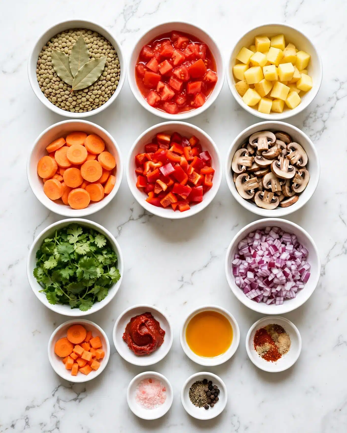 The image shows multiple white bowls arranged on a white marbled surface. The bowls contain different ingredients: one bowl with green lentils topped with three bay leaves in the center, another with bright red diced tomatoes in juice, a bowl with small yellow potato cubes, one with sliced light orange carrots, another with chopped red bell pepper, a bowl filled with sliced mushrooms, a bowl with chopped red onions, and a bowl with fresh green cilantro. Smaller bowls hold chopped orange carrot slices, a dollop of red tomato paste, a golden orange liquid, and a mix of red spices and garlic powder. Two small bowls at the bottom hold pink salt and black pepper. All ingredients are clearly visible, bright in color, and neatly arranged. photo taken with an iphone --ar 4:5 --v 7