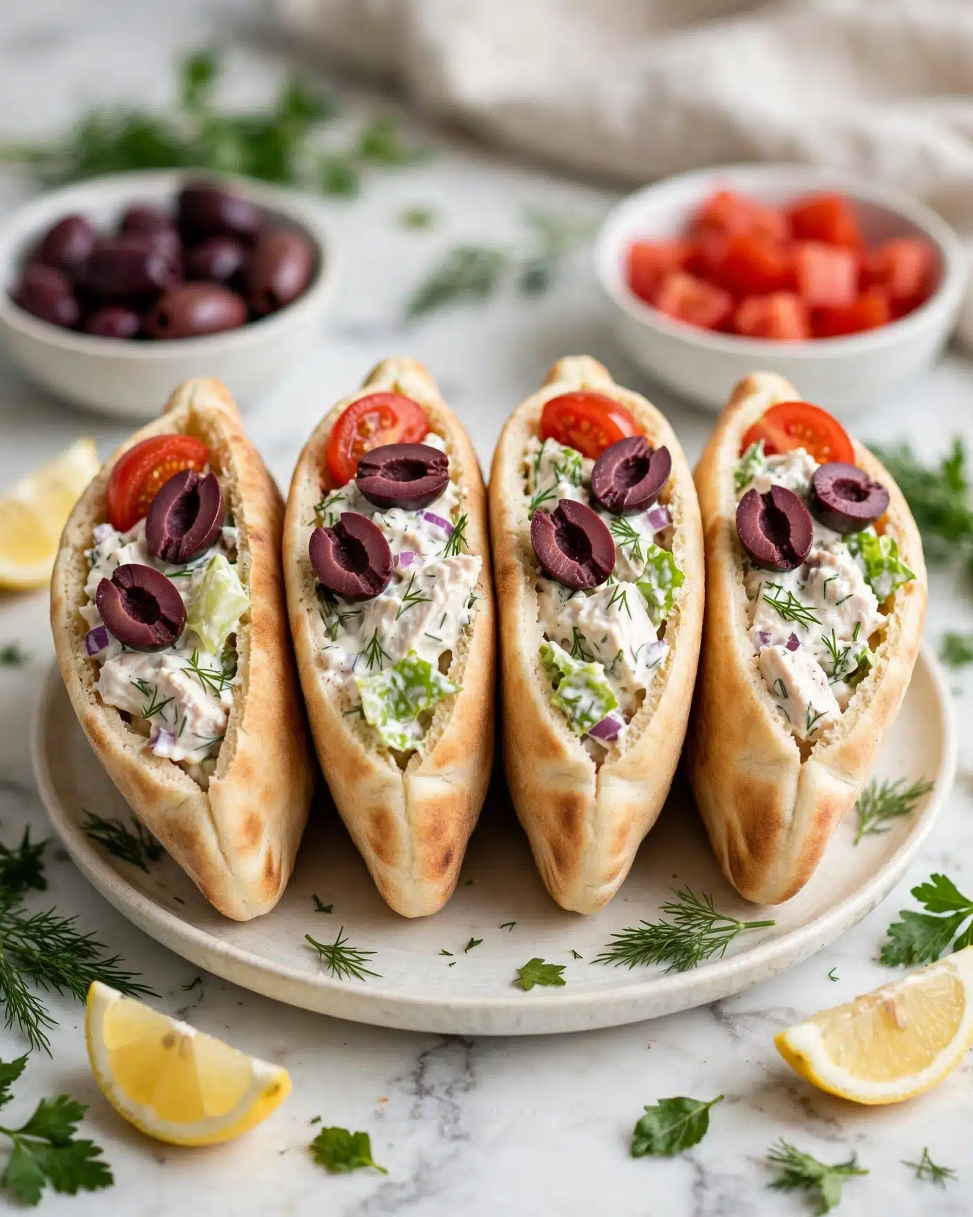 This image shows four pita pockets standing upright on a light-colored round plate with a white marbled surface beneath. Each pita pocket is filled with a creamy white chicken salad mixed with small chopped green lettuce pieces, fresh dill, and small bits of purple onion. The chicken salad is topped with halved dark purple kalamata olives and bright red cherry tomato segments. The pita bread is golden brown with a soft texture and slight browning spots. Around the plate are lemon wedges and some green leafy herbs adding a fresh touch. The background also includes small white bowls with olives and diced red tomatoes. photo taken with an iphone --ar 4:5 --v 7