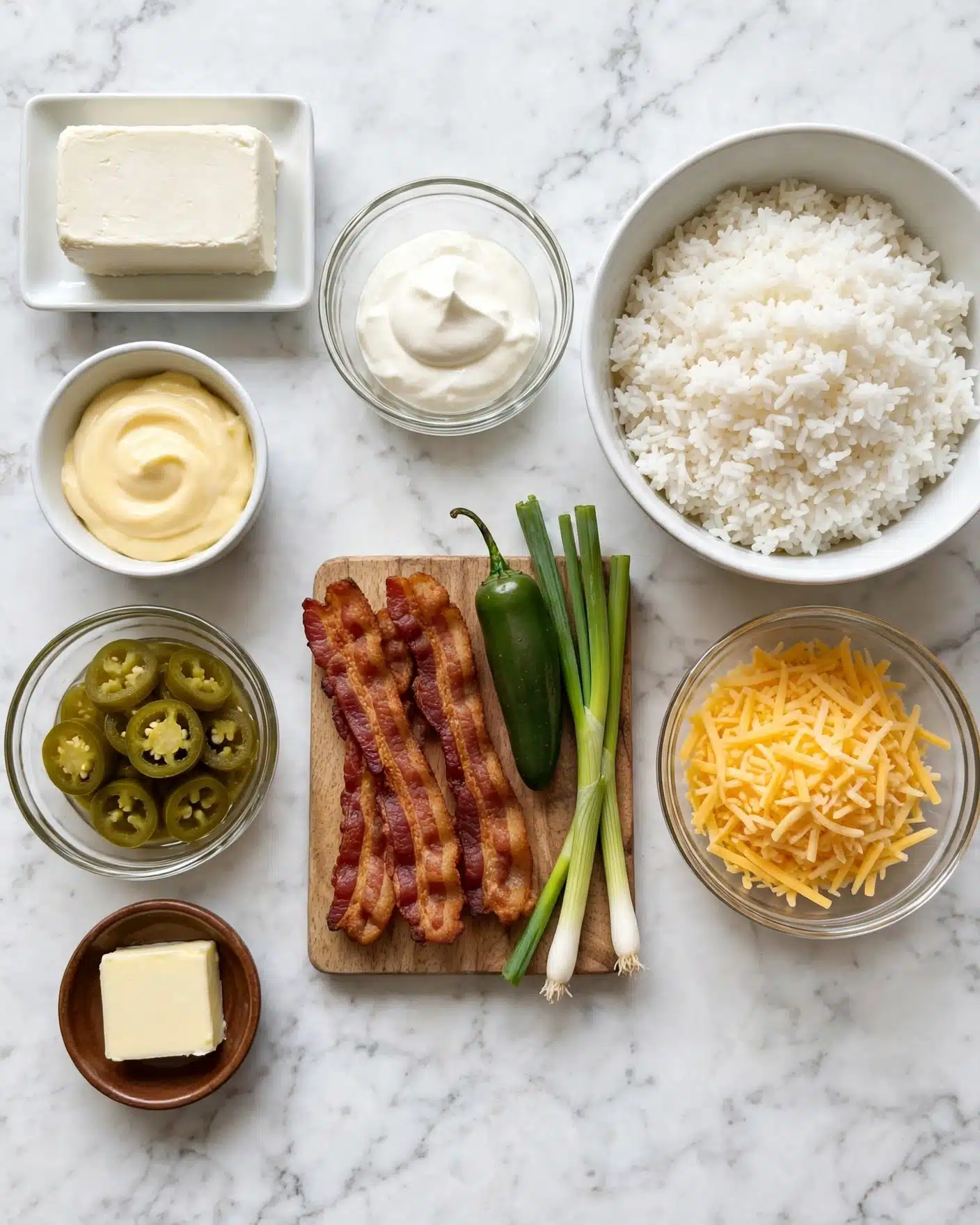 The image shows eight ingredients neatly arranged on a white marbled surface. On the top left, there is a white rectangular dish holding a block of cream cheese. Next to it on the right is a small clear bowl with a dollop of sour cream. To the right of that is a large white bowl filled with white rice. Below the rice is another clear bowl filled with shredded yellow cheddar cheese. In the center, there is a small wooden board holding three cooked bacon strips, a green jalapeño pepper, and three green onion stalks. On the left side, there is a small white bowl of yellow mayonnaise, a larger small clear bowl of sliced pickled jalapeños, and a small brown dish with a pale butter slice. The layout is clean and well spaced, all items clearly visible with natural lighting. Photo taken with an iphone --ar 4:5 --v 7