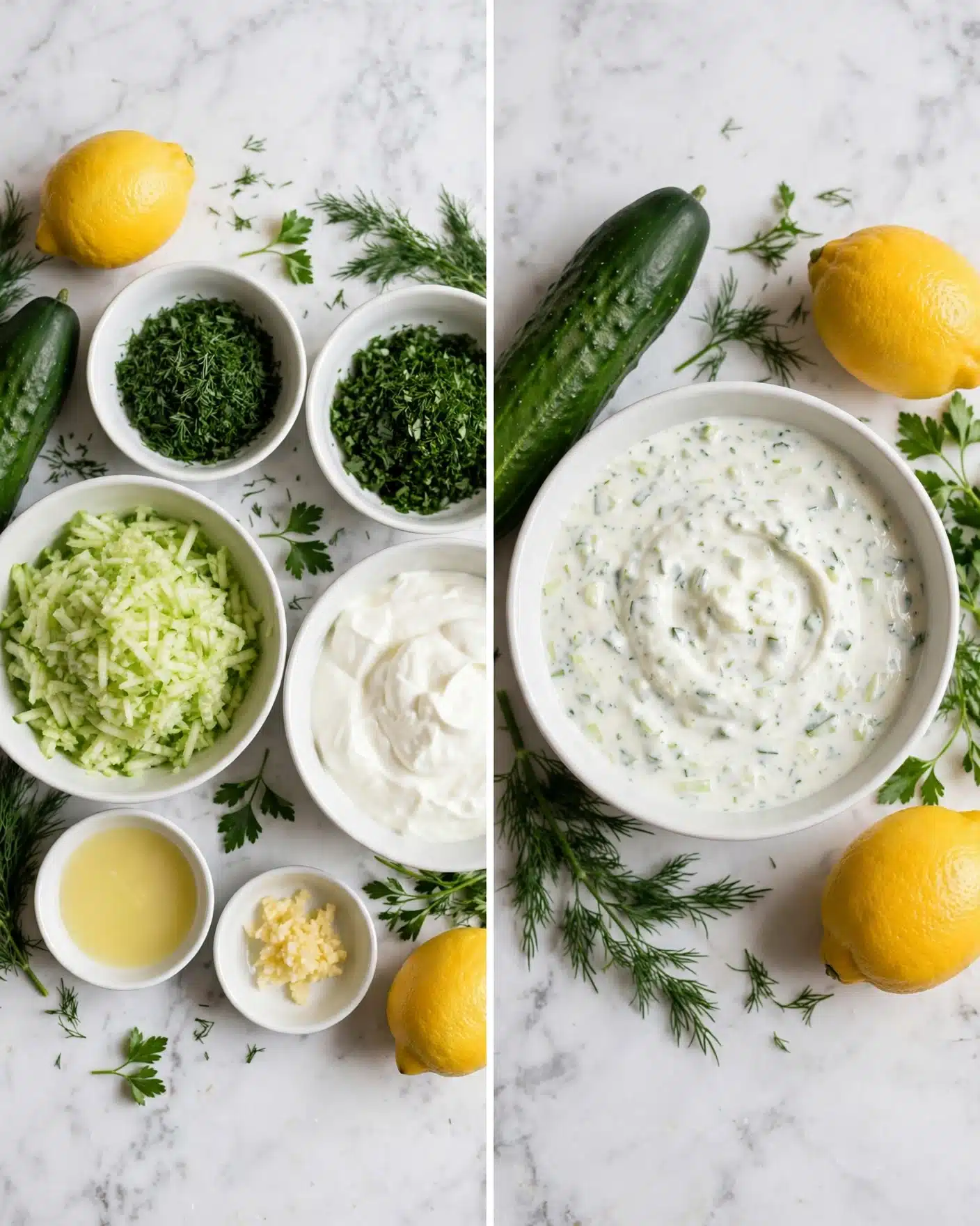 The image shows two parts side by side on a white marbled surface: on the left, six small white bowls arranged in a circle with grated light green cucumber in a larger bowl at the bottom left, thick white yogurt in the large bowl at the bottom right, finely chopped dark green herbs in two bowls at the top, light yellow lemon juice in a small bowl at the bottom left, and a small amount of minced light yellow garlic in another small bowl at the bottom center; a whole green cucumber and two yellow lemons are placed around these bowls along with fresh herb sprigs. On the right side, all the ingredients are mixed into a creamy white yogurt-based sauce with small green specks of herbs and cucumber, served in a white bowl, with the same cucumber, lemons, and herbs arranged casually around it. Photo taken with an iphone --ar 4:5 --v 7