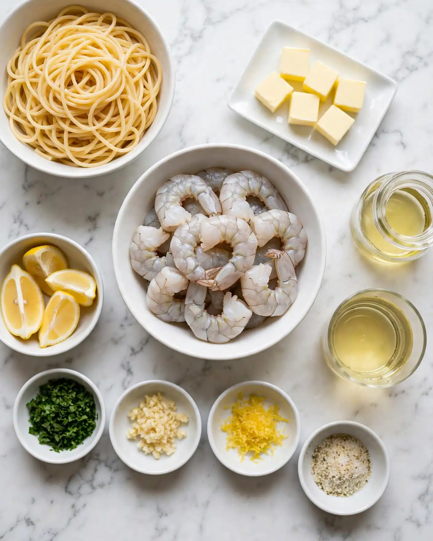 The image shows several white dishes with ingredients arranged on a white marbled surface. At the center is a white bowl filled with raw, peeled shrimp showing a pale gray and light pink color. To its top left, a white bowl holds a pile of cooked spaghetti noodles with a light golden color. To the top right, there is a white rectangular plate with five small cubes of pale yellow butter. Near the bottom left, a small bowl contains lemon wedges showing bright yellow and white tones. Surrounding these, small white bowls contain fresh chopped green herbs, minced light beige garlic, lemon zest in bright yellow, and a small amount of a light-colored seasoning mix. A clear glass holds a pale yellow liquid, and another clear container holds vinegar or oil. The ingredients are neatly arranged on the white marbled surface, creating a clean and fresh look. photo taken with an iphone --ar 4:5 --v 7