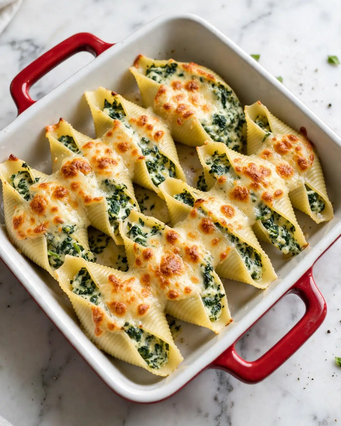 Caramelle Pasta with Spinach & Ricotta in Parmesan Butter Sauce Recipe 5 square image The image shows large pasta shells filled with a green spinach and cheese mix, arranged side by side in a white dish with red handles. Each shell is topped with a layer of melted, slightly browned cheese giving a golden texture on top. The pasta shells are pale yellow with a smooth, ridged surface. The dish is set on a white marbled surface, highlighting the colors and textures of the meal. photo taken with an iphone --ar 4:5 --v 7