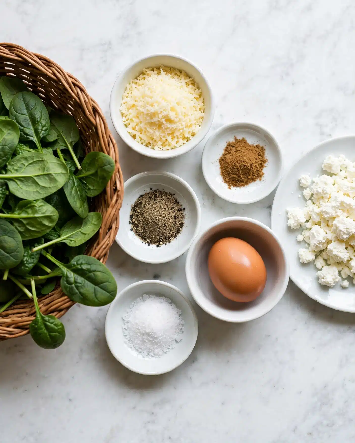 Caramelle Pasta with Spinach & Ricotta in Parmesan Butter Sauce Recipe 4 square image The image shows seven small bowls and a basket arranged on a white marbled surface. The basket on the left is filled with fresh green spinach leaves with a leafy texture. To the right, a white bowl holds grated pale yellow cheese with a somewhat rough texture. Below it, a small white bowl contains ground black pepper, with tiny black particles. Next to it, a slightly larger white bowl has a single brown egg with a smooth, shiny shell. Above the egg, a small white dish contains ground brown spice. Below the pepper, another small white bowl holds white salt grains. On the far right, a white plate is filled with crumbly white cheese, showing a soft texture with small clumps. The setup is clean and simple, with natural colors and textures. photo taken with an iphone --ar 4:5 --v 7