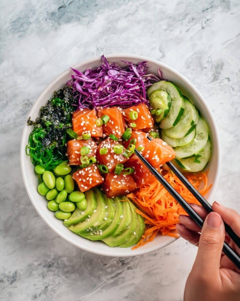 Salmon Poke Bowl with Sushi Rice and Fresh Vegetables Recipe