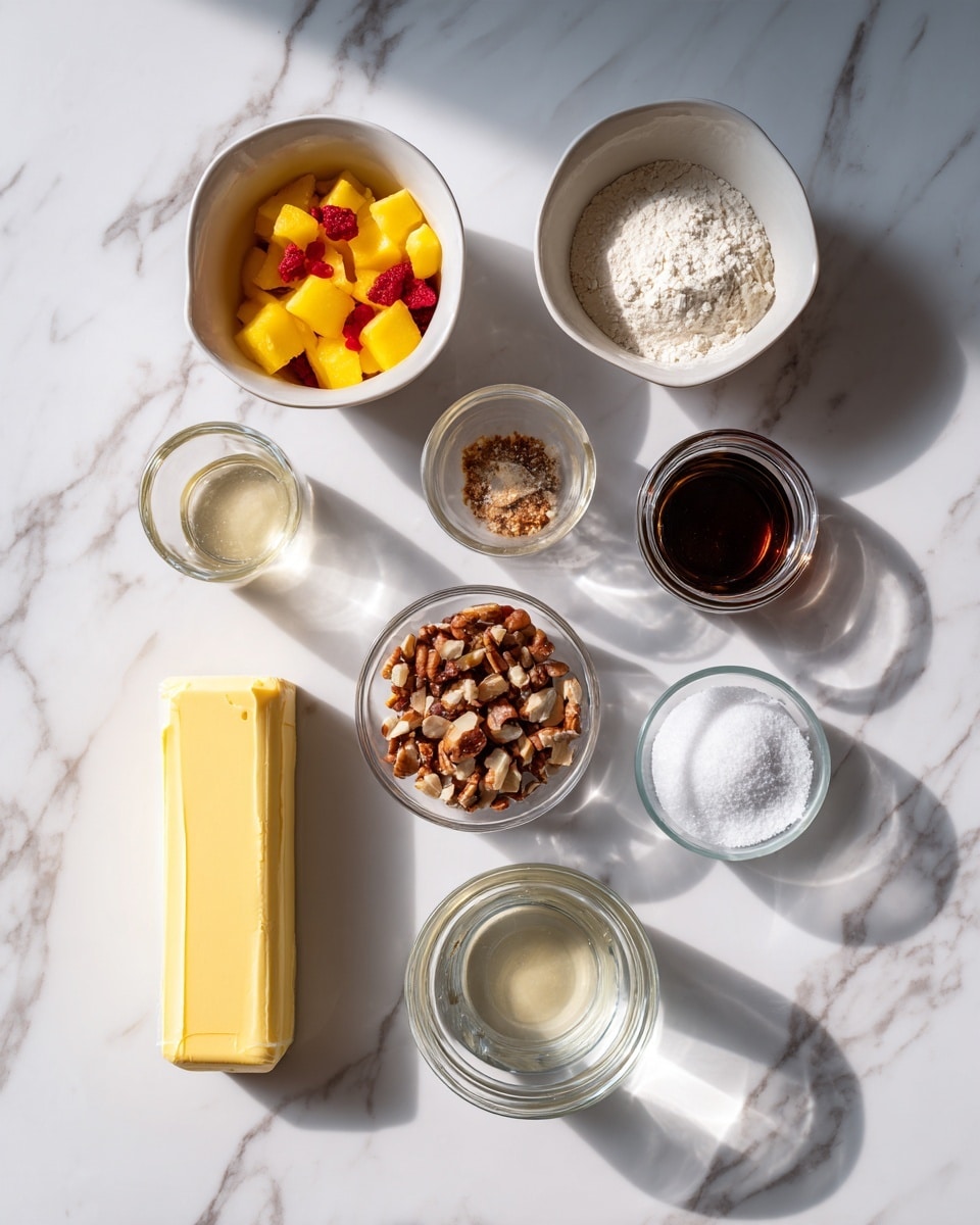 The image shows various ingredients arranged on a white marbled surface. There are seven bowls and containers in total, each with different contents: one bowl holds small chopped yellow and red fruit pieces, another is filled with a white powdery substance, a third has a mix of small brown nuts, and a fourth contains light brown flakes. A small glass jar with a dark liquid sits next to a container with white granulated sugar and a clear liquid in a small glass container. In the center, a stick of butter wrapped in yellow paper lies flat. The setup looks neat and bright with a soft shadowing effect. Photo taken with an iphone --ar 4:5 --v 7