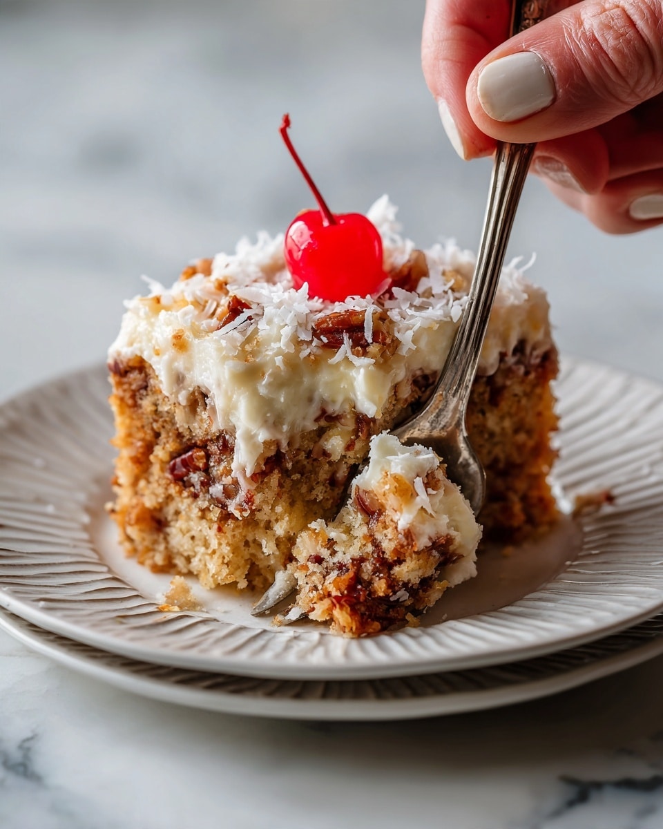 A close-up view of a moist, crumbly piece of cake on a white plate with ridged edges, featuring a thick layer of light brown frosting mixed with pieces of nuts on top. The frosting is topped with shredded white coconut flakes and a bright red cherry in the center. A silver fork is breaking off a chunk of cake with a woman's hand holding it on the side. The background and surface are white with a marbled texture. Photo taken with an iphone --ar 4:5 --v 7