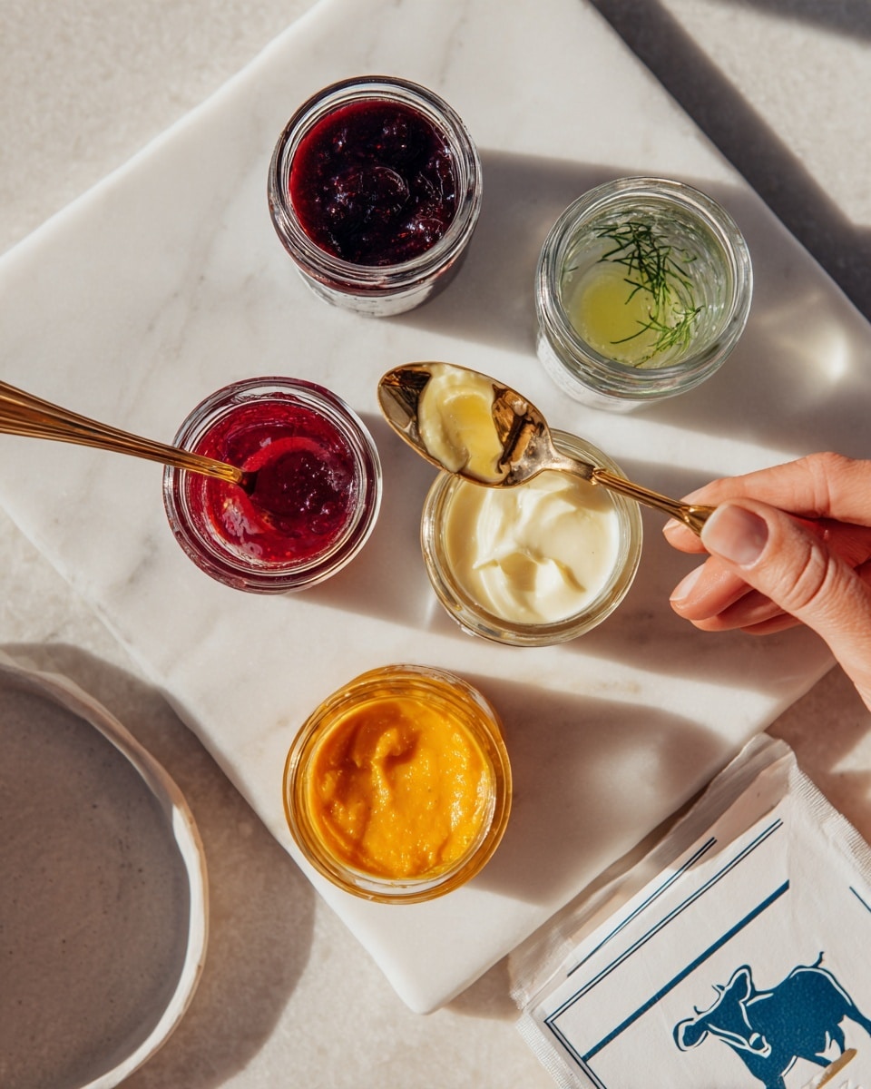 A white marbled surface holds a variety of glass jars and containers with different colored food items inside. There are five jars arranged loosely, each with distinct contents: a dark red jam with visible fruit bits, a clear liquid with herbs, a bright yellow spread, a chunky orange paste, and a nearly empty jar with traces of a light sour cream or yogurt. A white marbled plate or bowl is partially visible near the bottom right with a torn paper wrapper featuring a blue and green cow logo next to it. A woman's hand with a gold-colored spoon is dipping into one of the jars. The scene is bright and neatly organized with natural light casting soft shadows around the jars. photo taken with an iphone --ar 4:5 --v 7