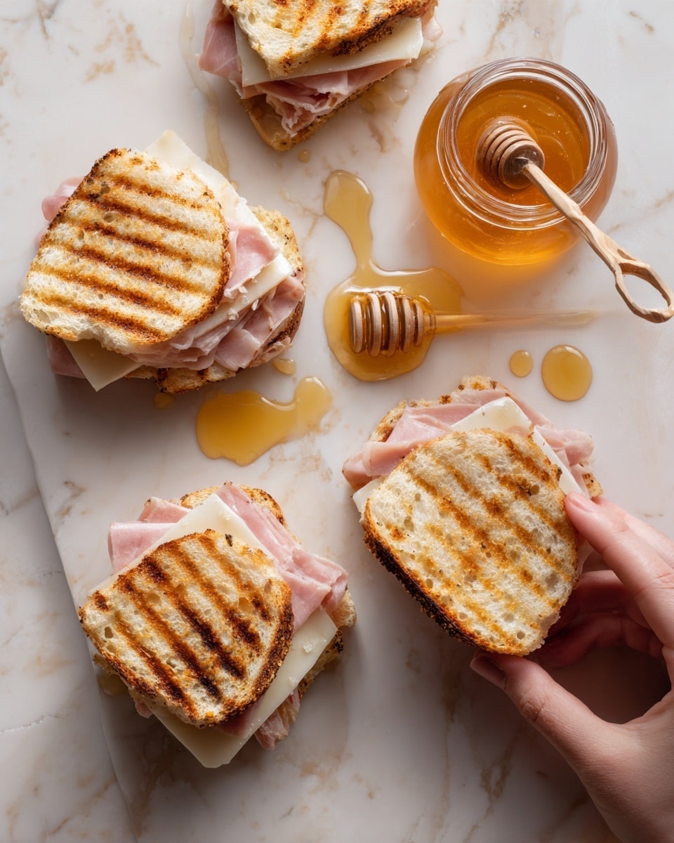 The image shows a white marbled surface with three small sandwiches made from round, sliced bread toasted with grill marks. Each sandwich has a layer of thin pink ham, topped with a white grilled cheese piece that has a slightly golden brown texture. Golden honey is drizzled around and on top of the sandwiches, giving a shiny, sticky look. Nearby, there is a small glass jar filled with honey and a spoon inside it, resting on the white marbled surface. A woman's hand is holding a piece of the toasted bread. photo taken with an iphone --ar 4:5 --v 7