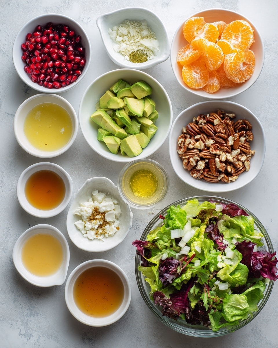 The image shows a collection of fresh salad ingredients arranged neatly on a white marbled surface. At the bottom right is a clear glass bowl filled with mixed green and purple lettuce leaves. Around it are small white bowls and cups holding different colorful ingredients: bright orange mandarin slices, shiny red pomegranate seeds, green avocado chunks, light yellow mustard sauce, crunchy candied pecans, white crumbled cheese, and thinly sliced shallots. Several small white dishes contain various liquids and seasonings in shades of light brown, yellow, pale orange, and white, as well as grated garlic and orange zest. Everything is organized in a clean and simple style, with natural colors and textures standing out. photo taken with an iphone --ar 4:5 --v 7