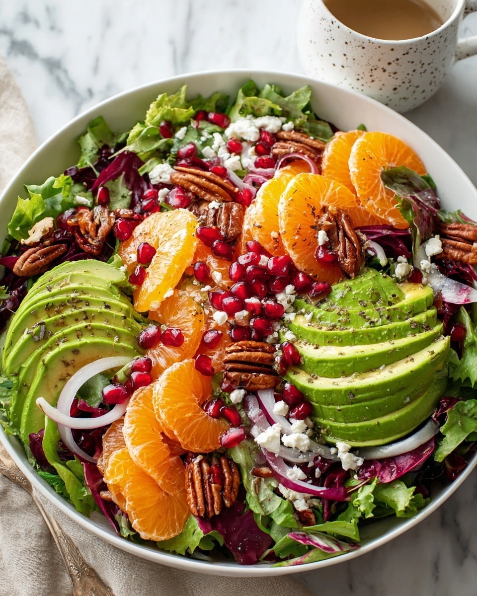A large white bowl filled with a colorful salad showing three main layers: the bottom layer is a mix of various leafy greens in bright green and deep purple shades, the middle layer includes bright orange mandarin slices and slices of light green avocado scattered evenly, and the top layer features shiny red pomegranate seeds, crunchy brown pecans, and small white cheese crumbles spread all over. Thin pale rings of onion peek through the leaves, and the whole salad is lightly sprinkled with black pepper. The bowl rests on a white marbled surface with a small speckled white cup in the upper right corner. Photo taken with an iphone --ar 4:5 --v 7