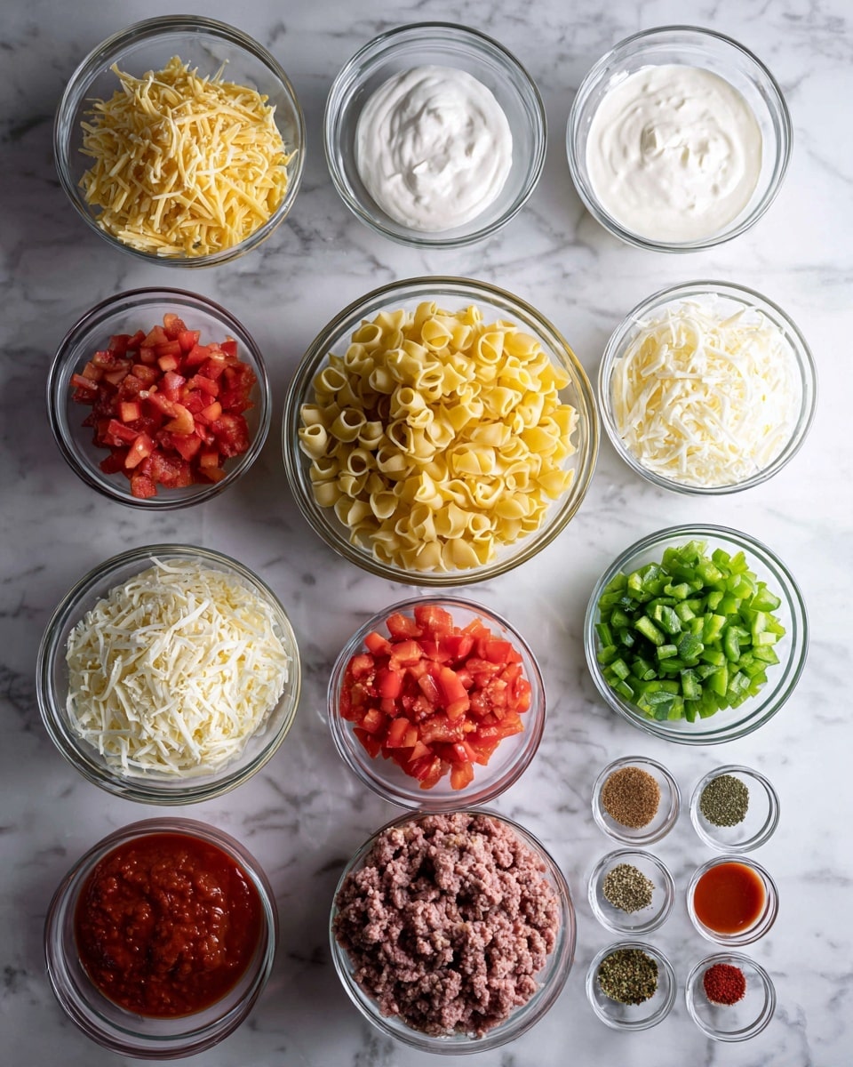 The image shows a white marbled surface with clear glass bowls arranged neatly in rows. There are three large bowls centered: one with cooked, yellow pasta at the bottom, one with raw ground meat above it, and one with white sauce beside the meat. Smaller bowls surround these, holding finely chopped green vegetables, diced red tomatoes, shredded cheese in both white and yellow colors, tomato sauce, and small portions of spices and herbs. Each ingredient is clearly visible, organized, and ready for cooking. photo taken with an iphone --ar 4:5 --v 7