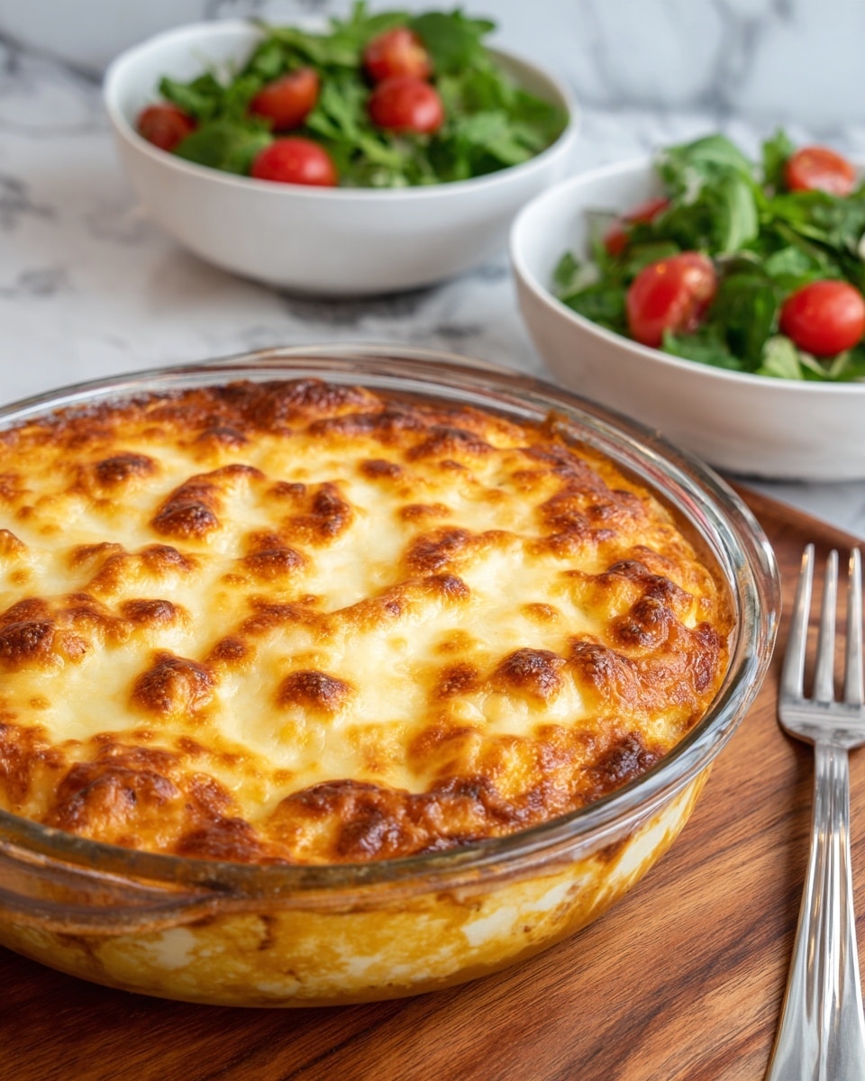 The image shows a glass baking dish filled with a golden brown baked dish topped with melted cheese that is bubbly and slightly browned in spots. The cheese layer has a smooth, creamy texture with some small browned bubbles, covering what seems to be a thick, saucy base underneath. The dish sits on a wooden surface, behind it are two white plates filled with green leafy salad and halved red cherry tomatoes. A silver fork lies to the right of the baking dish. The background is a white marbled texture. Photo taken with an iphone --ar 4:5 --v 7