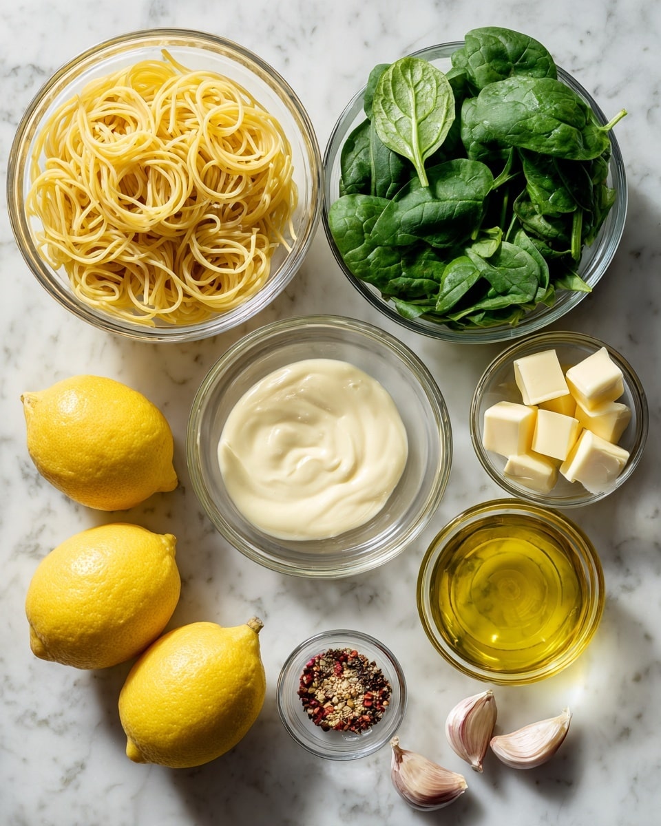 The image shows several clear glass bowls and ingredients placed on a white marbled surface. There is a large clear glass bowl filled with uncooked yellow pasta at the bottom left, and next to it are two bright yellow lemons. Above, a small clear bowl holds fresh green spinach leaves, and beside it is a larger clear bowl filled with creamy white sauce. In the middle, a tiny clear bowl contains small cubes of pale yellow butter. To the right, a small glass bowl is filled with golden yellow liquid, likely oil. Below that, a shallow clear bowl has a mix of red and green spices. Lastly, two peeled garlic cloves rest on the surface beside the spice bowl. Photo taken with an iphone --ar 4:5 --v 7