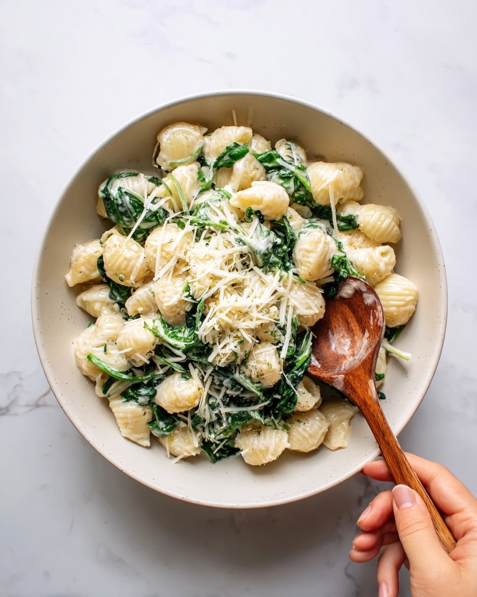 The image shows a white bowl filled with creamy pasta mixed with green spinach leaves. The pasta pieces are short and tubular, coated in a thick white sauce with some shredded white cheese sprinkled on top. A wooden spoon with a woman’s hand holding it is seen stirring the dish. The bowl is placed on a white marbled surface that contrasts softly with the food and utensils. Photo taken with an iphone --ar 4:5 --v 7
