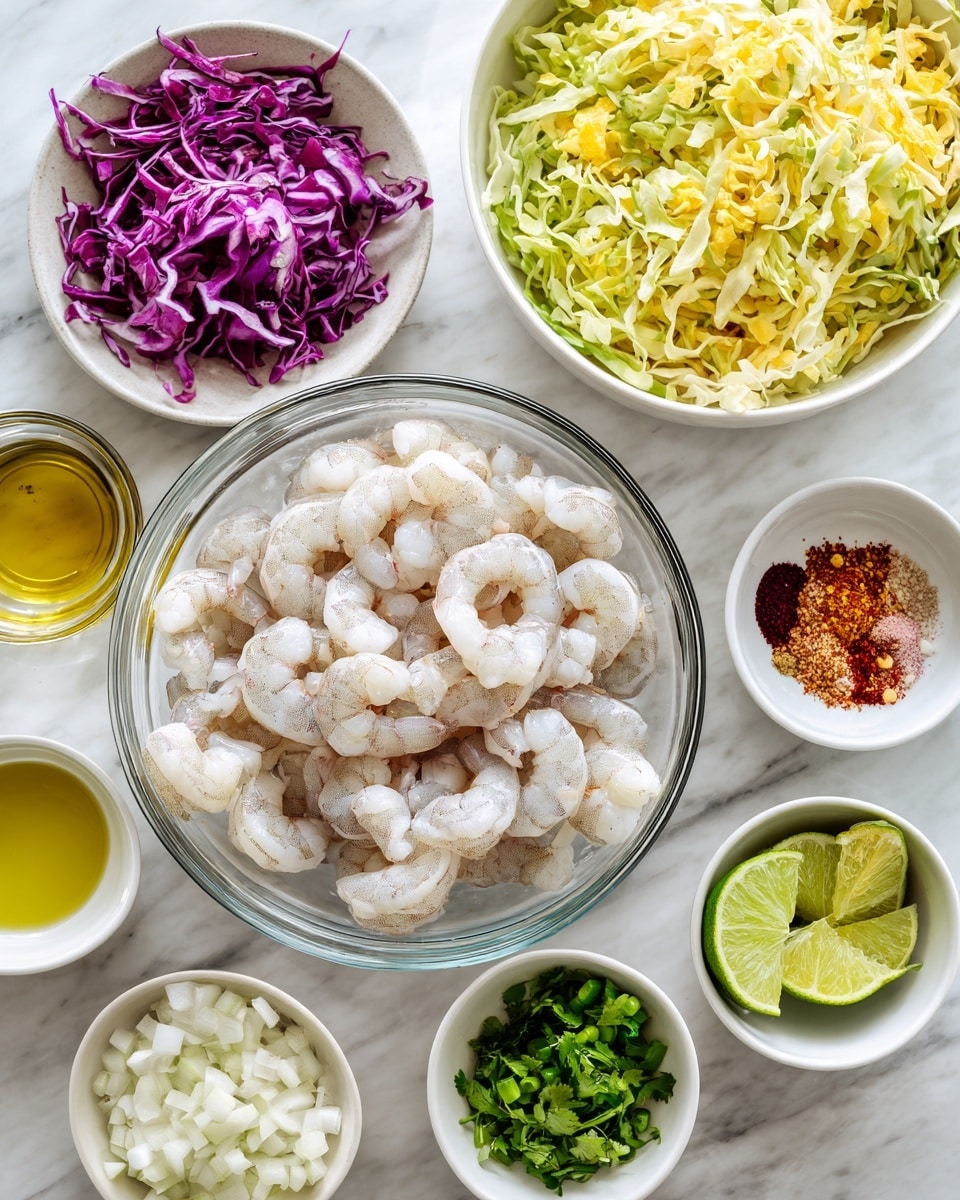 The image shows a clear glass bowl in the center filled with raw, white shrimp arranged in a circle. Around this bowl, there are smaller white bowls placed on a white marbled surface. These smaller bowls contain chopped purple onions, a creamy white sauce, sliced lime halves, fresh green herbs, chopped green onions, a small bowl of olive oil, and a mixture of red spices including paprika. There is a large white bowl filled with shredded yellow and purple cabbage, placed towards the top right. The colors are bright and fresh, with a clean and organized layout, suggesting fresh ingredients ready for cooking. photo taken with an iphone --ar 4:5 --v 7