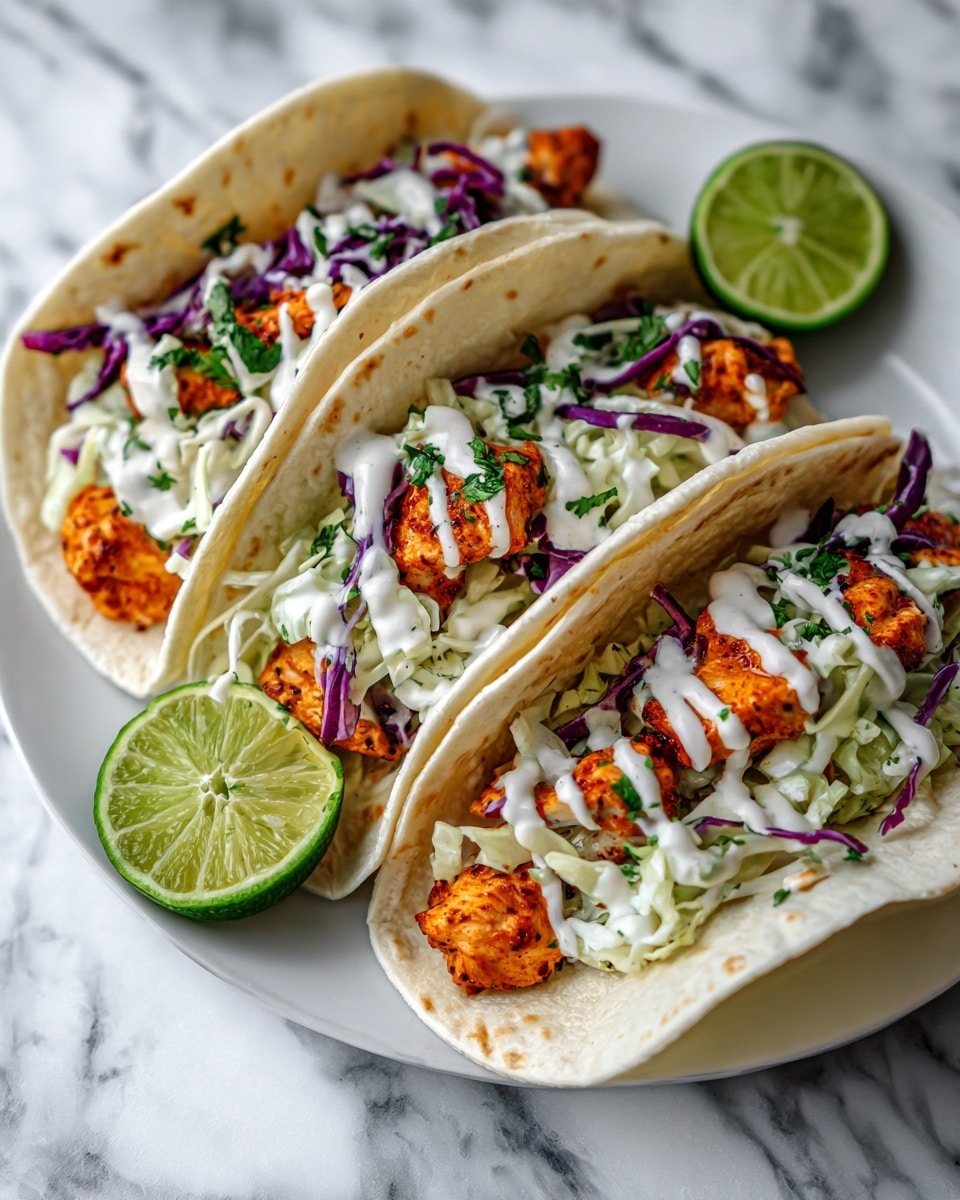The image shows three soft white tortillas filled with layers of food. The bottom layer is made of small pieces of cooked, orange-colored chicken. On top of the chicken, there is a mix of shredded green and purple cabbage. The cabbage looks fresh and crunchy. There is also a light drizzle of creamy white sauce over the cabbage. A wedge of bright green lime rests beside the tacos. The tacos are placed on a white plate with a white marbled surface underneath. Photo taken with an iphone --ar 4:5 --v 7