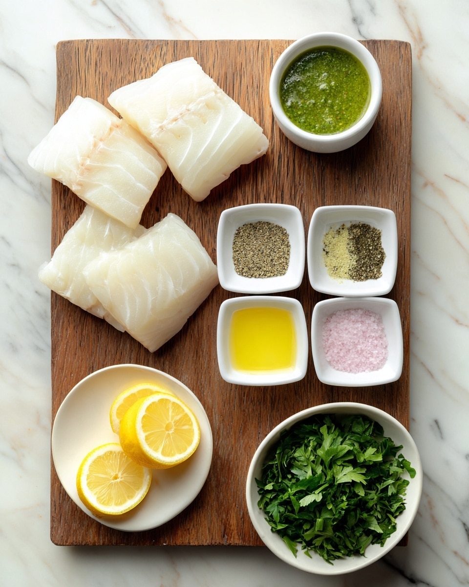 The image shows a wooden board with several ingredients neatly arranged on it. At the top left, there are two pieces of raw white fish fillets. To the right of the fillets, there is a small white bowl with a green herb sauce. Below that, there are five small white bowls in a grid. These contain, from left to right, melted yellow butter, ground black pepper, a light yellow powder, pink salt, and dried green herbs. In the bottom left corner, there is a white plate with two lemon slices. At the bottom right, there is a white bowl filled with fresh chopped green herbs. The background is a white marbled surface. photo taken with an iphone --ar 4:5 --v 7