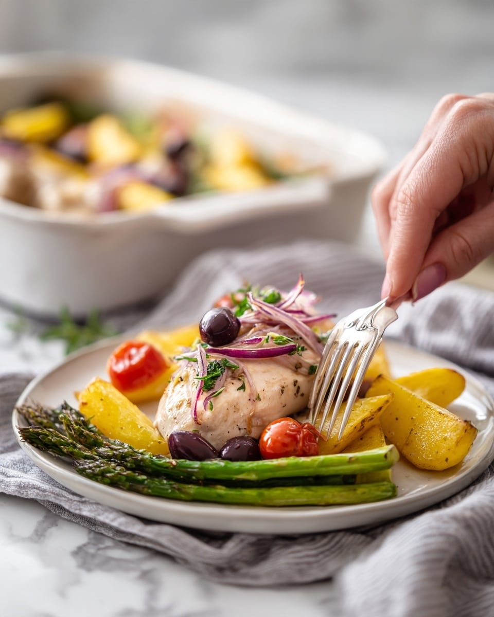 A white plate on a white marbled surface holds a dish with a piece of cooked chicken topped with thin slices of red onion and small green herbs. Around the chicken, there are bright green asparagus spears, red cherry tomatoes, and dark purple olives, creating a colorful and fresh look. On the side, there are yellow potato wedges. A silver fork is resting on the plate, and a woman's hand is gently holding it. In the background, a white rectangular baking dish with more vegetables can be seen, all set on a soft gray and white striped cloth. Photo taken with an iphone --ar 4:5 --v 7