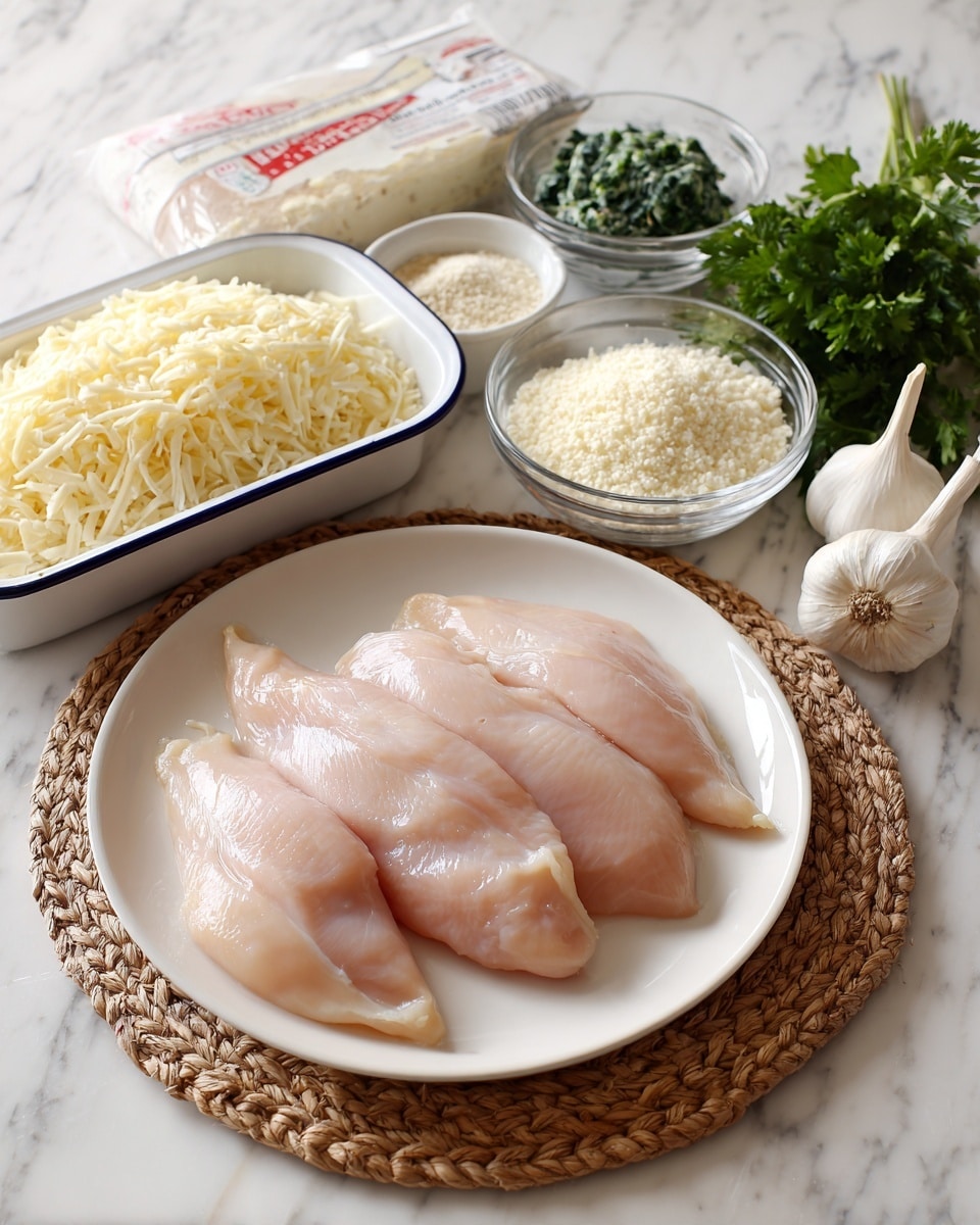 The image shows three raw chicken breasts placed on a white plate in the front and center. Behind the chicken on the left is an empty white ceramic baking dish with blue sides. To the right of the chicken, there is a clear glass bowl filled with shredded cheese, a smaller clear bowl with a white creamy sauce, and another small bowl with grated cheese or breadcrumbs. Behind the bowls, there is a white and red bag of chopped spinach and a rectangular box of cream cheese. Two whole heads of garlic and some green parsley are placed near the bowls on a woven tan placemat. The whole scene is set on a white marbled surface. Photo taken with an iphone --ar 4:5 --v 7