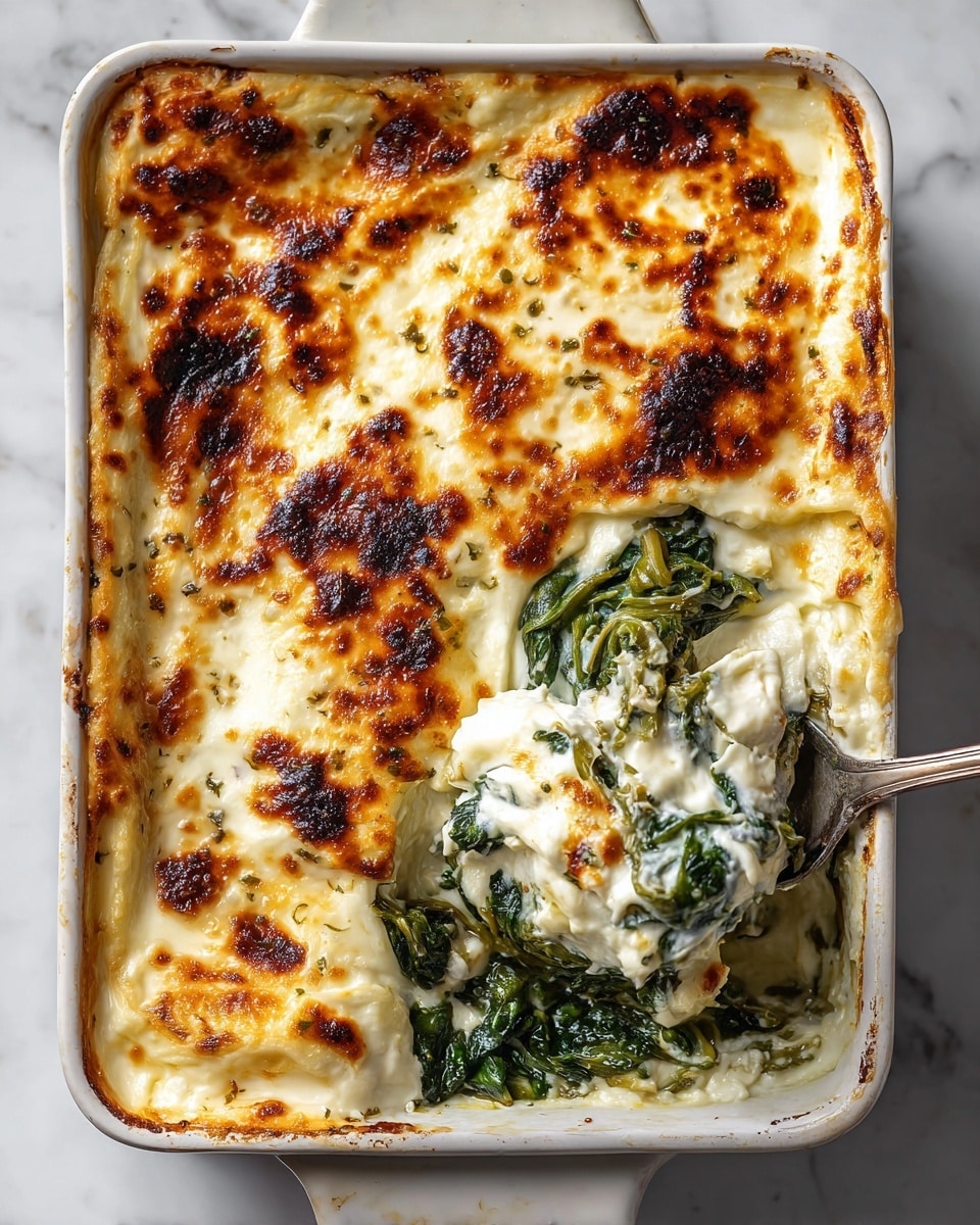 A baked dish in a white rectangular pan shows multiple layers starting with green leafy vegetables at the bottom, followed by thick white creamy cheese layers with some golden brown spots where it is cooked and slightly bubbly. The cheese appears soft and melted, covering the leafy greens fully, with some edges browned and slightly crispy. A spoon is partially scooping a portion from the bottom right corner, revealing the green and white layering beneath the cheese. The dish rests on a white marbled surface. Photo taken with an iphone --ar 4:5 --v 7