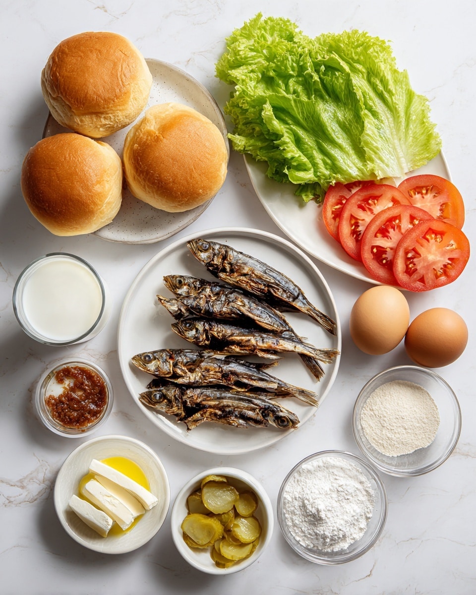 The image shows ingredients for a sandwich laid out on a white marbled surface. There is a white plate in the center with two grilled or roasted small birds that are dark brown and crispy. Around the plate are sliced fresh tomatoes and green lettuce leaves on another white plate. Nearby are two soft, golden brown sandwich buns. Small bowls hold light yellow pickles, creamy white mayonnaise, a single brown egg, white flour, and some reddish-brown sauce. A glass cup with white milk is also visible. The overall arrangement is clean with distinct colors and textures on a bright white marbled background. photo taken with an iphone --ar 4:5 --v 7
