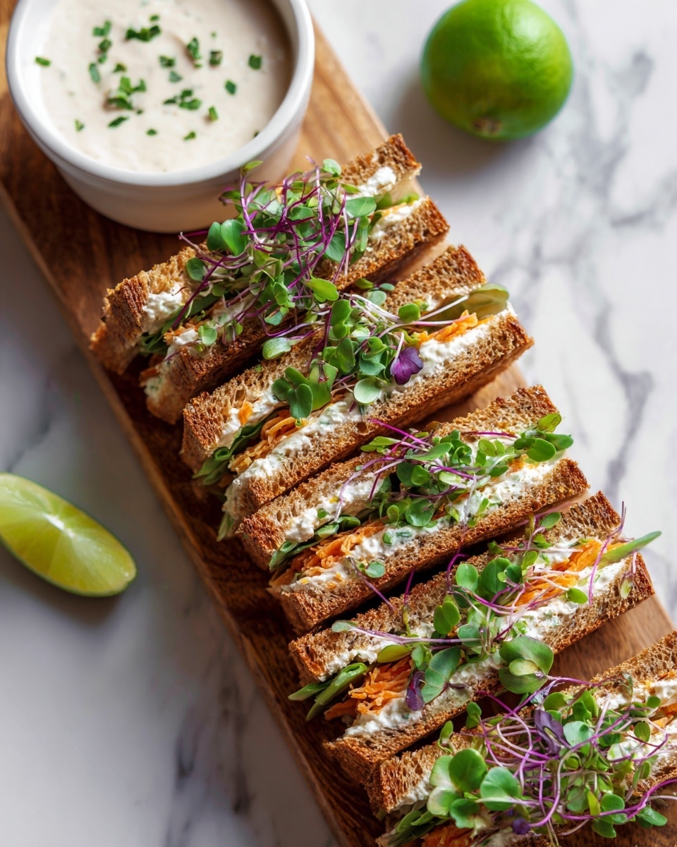 The image shows a wooden board with several sandwich triangles arranged in one row. Each sandwich has multiple layers including toasted brown bread, a light spread, some green herbs, and thin orange slices or shreds in the middle. The sandwiches are topped with tiny green leaves and purple microgreens. To the left of the sandwiches is a white bowl filled with a light cream or dip, and a bright green lime wedge sits next to the bowl. The background surface is white with a marbled texture. Photo taken with an iphone --ar 4:5 --v 7