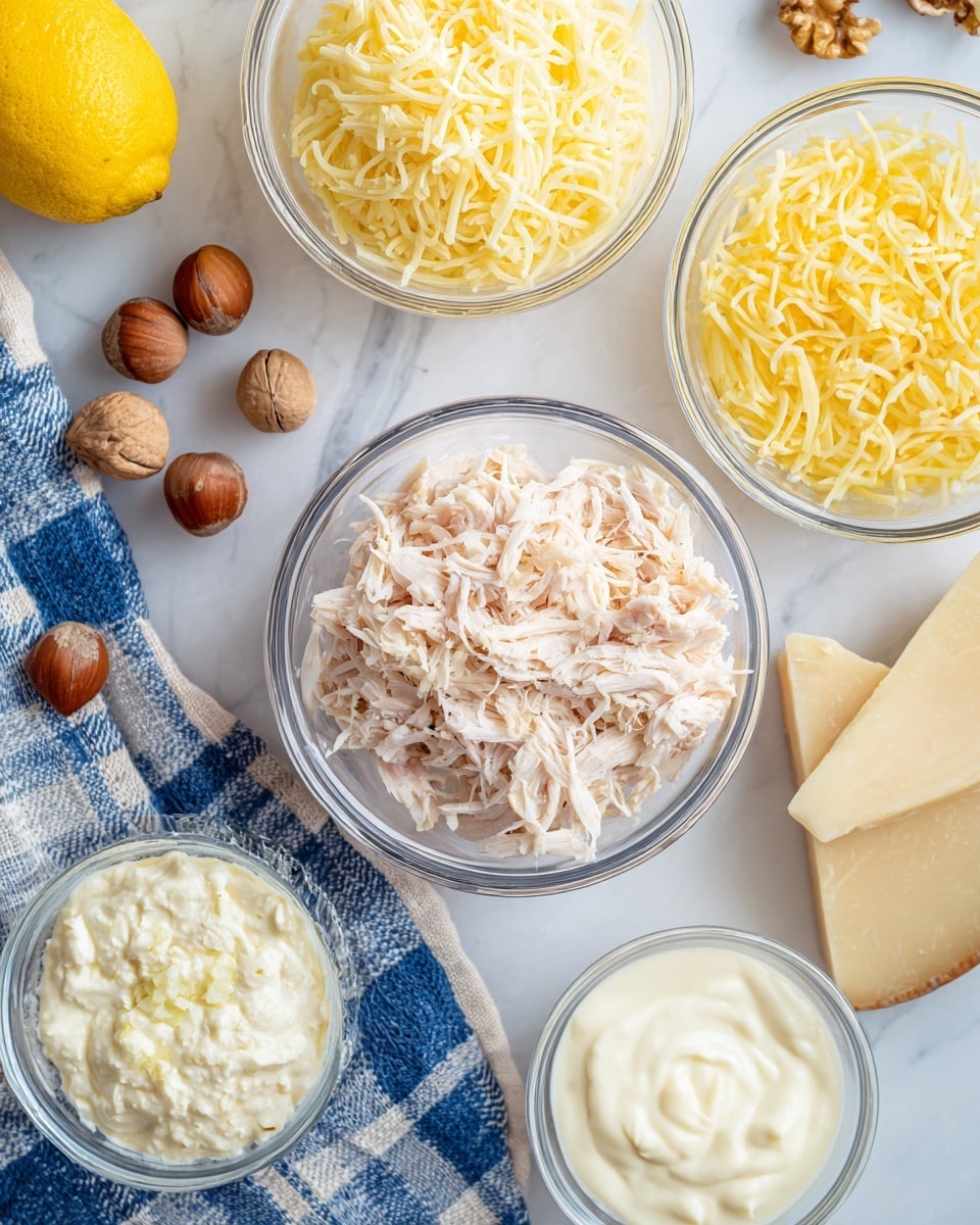 The image shows a white marbled surface with several small clear glass bowls arranged neatly. One bowl in the center holds shredded cooked chicken in white and light pink tones with a soft texture. Above it, a bowl filled with yellow shredded cheese is placed. To the left, another bowl contains white grated cheese. Around these bowls, there are whole brown round nuts and some lemon fruits with yellow peel. A wedge of pale yellow cheese is placed on the right side near the bowls. In the bottom part, two smaller bowls hold creamy white sauces with smooth texture. A blue and white checkered cloth is laid out beside the bowls. The setup is clean and bright, all elements arranged clearly for easy viewing. photo taken with an iphone --ar 4:5 --v 7
