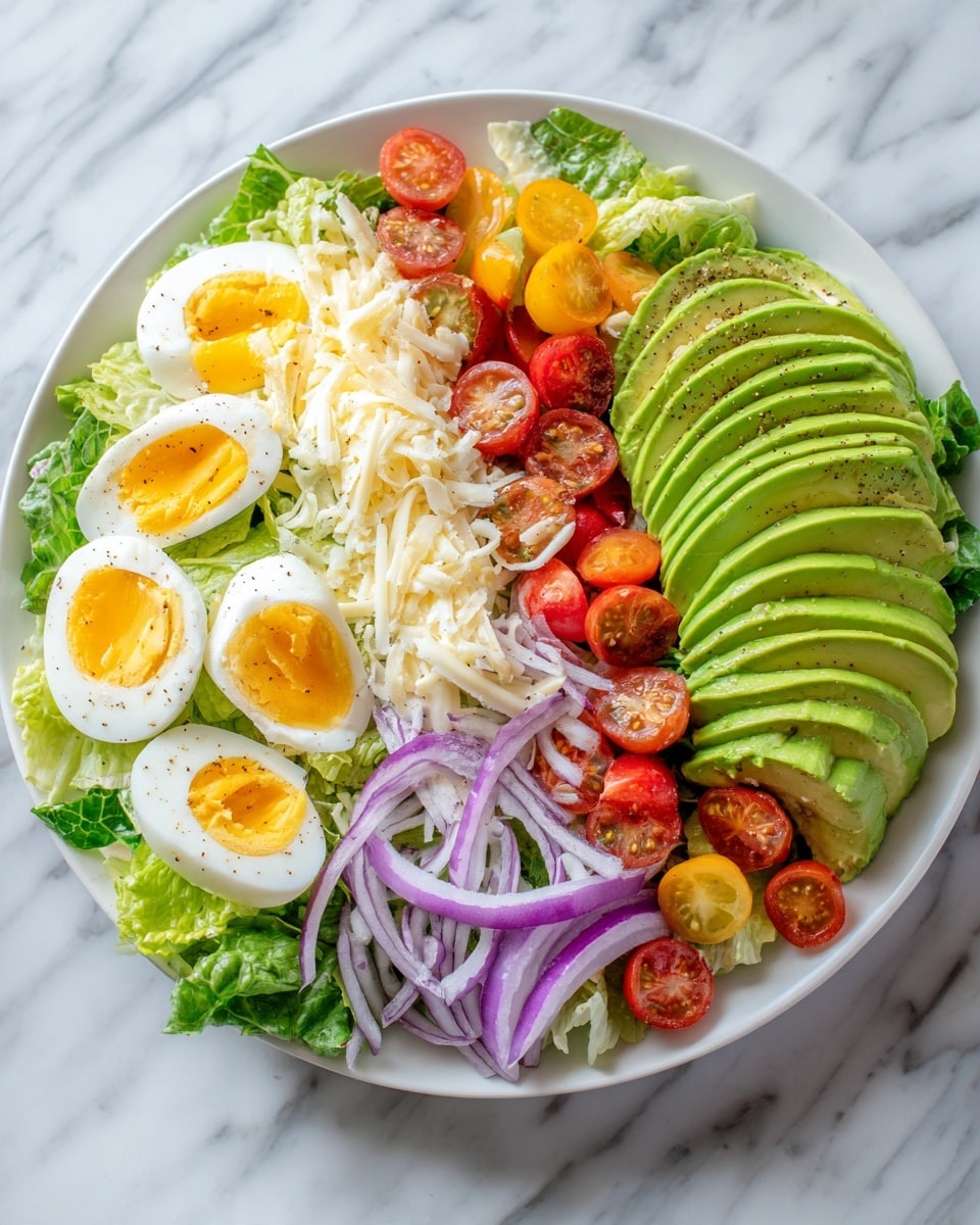 A white plate filled with two main sections of a fresh salad on a white marbled surface. The left side has a bed of green leafy lettuce topped with halved boiled eggs showing yellow yolks, halved cherry tomatoes, thin slices of purple onion, and shredded cheese in light yellow. The right side features green leafy lettuce under a neat, layered fan of avocado slices in light green. Around both sections, there are whole cherry tomato halves scattered, thin slices of purple onion, and some shredded cheese. The scene is bright and colorful with greens, reds, purples, yellows, and whites. Photo taken with an iphone --ar 4:5 --v 7