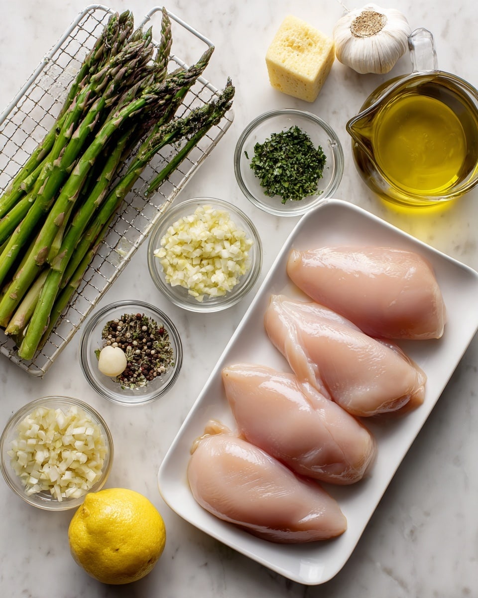 The image shows a white tray with four raw chicken breasts at the center, surrounded by small clear bowls containing different ingredients: minced garlic, chopped shallots, herbs, black pepper, a cube of butter, salt, chicken broth in a glass measuring cup, olive oil in a small glass container, and two lemon halves. To the left of the tray, there is a bunch of fresh green asparagus resting on a white wire rack. A white marbled surface holds everything, and a woman's hand is not visible in this image. The scene is neatly arranged and brightly lit. photo taken with an iphone --ar 4:5 --v 7