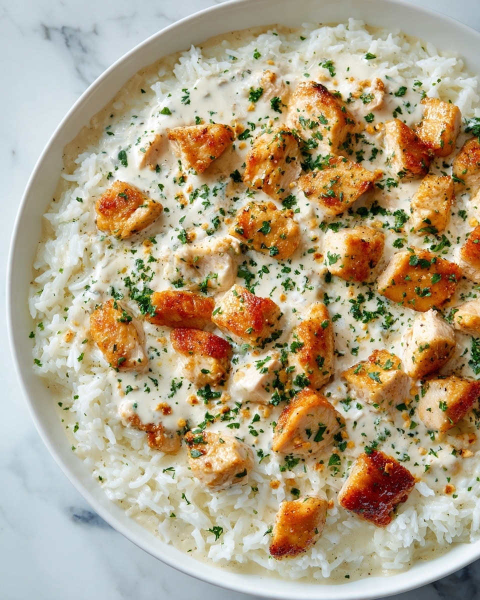 The image shows a close-up of a white dish filled with a creamy rice and chicken mixture. The bottom layer is white rice, soft and coated in a thick cream sauce. On top, there are small pieces of golden brown chicken scattered evenly, with a slightly crispy texture. The dish is sprinkled with finely chopped green herbs, adding a fresh color contrast. The creamy sauce lightly covers the chicken and rice, making the whole dish look rich and smooth. The background surface is a white marbled texture. Photo taken with an iphone --ar 4:5 --v 7