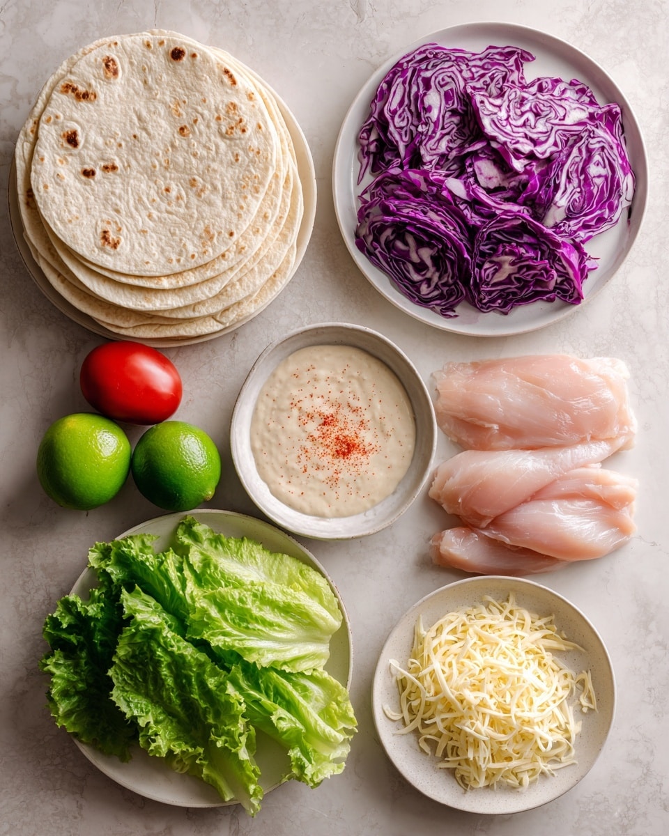 The image shows ingredients neatly arranged on a white marbled surface. There is a stack of soft flour tortillas on the top left, with a whole lime and a small red tomato next to it. Below, a small pile of thinly sliced purple cabbage is centered. To the right of the cabbage, there is a small white plate with a beige creamy sauce topped with a sprinkle of red seasoning. At the bottom left, a few leaves of fresh green lettuce are placed. In the center-bottom, a white plate holds shredded light yellow cheese. To the right of the cheese, a piece of uncooked light pink chicken is set directly on the surface. The lighting is soft and natural, making all the colors appear fresh and clear. Photo taken with an iphone --ar 4:5 --v 7