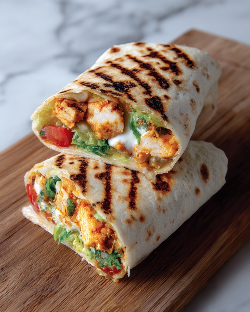 The image shows two pieces of a grilled wrap stacked loosely on a wooden surface with a slight char on the tortilla giving a golden brown texture with dark grill marks. Inside the wrap, layers include bright orange grilled chicken chunks with a slightly crispy look, fresh green herbs or chopped coriander, light green lettuce or leafy vegetables, small pieces of red tomatoes, and a creamy white layer that could be cheese or sauce. The wrap is cut diagonally, revealing the colorful inside layers clearly. The background surface is white marbled. photo taken with an iphone --ar 4:5 --v 7