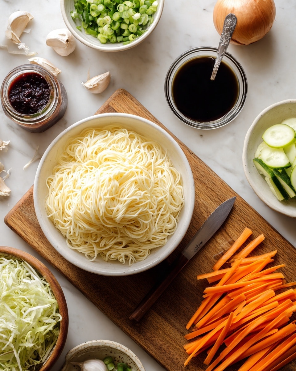 The image shows a white bowl filled with pale yellow noodles placed on a white marbled surface. To the right of the bowl, orange sliced carrot sticks are spread out on a wooden chopping board along with a silver knife lying flat. Above the carrots is a small glass container filled with dark soy sauce and a silver spoon inside it. To the top left, there is a small jar with a dark red condiment. Around the chopping board, scattered whole garlic cloves, green onions, sliced cucumber, light green shredded cabbage in a white bowl, thin white onion slices, and brown whole onion are visible. The colors are soft and natural with the wooden chopping board in the center and fresh ingredients surrounding it on the white marbled surface photo taken with an iphone --ar 4:5 --v 7
