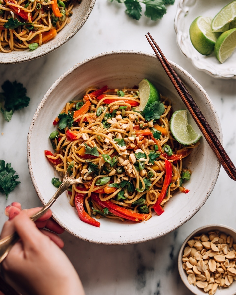 The image shows a white bowl filled with colorful noodles, topped with red and orange bell pepper strips, chopped peanuts, bright green scallions, and small lime wedges on the side. Fresh green cilantro leaves are scattered on top, adding a touch of freshness. The noodles have a light brown color and look soft and glossy. The bowl sits on a white marbled surface, with wooden chopsticks laying next to it, and a woman's hand about to pick up some noodles. In the background, there is a glimpse of another bowl with similar ingredients and a small white bowl of peanuts. photo taken with an iphone --ar 4:5 --v 7