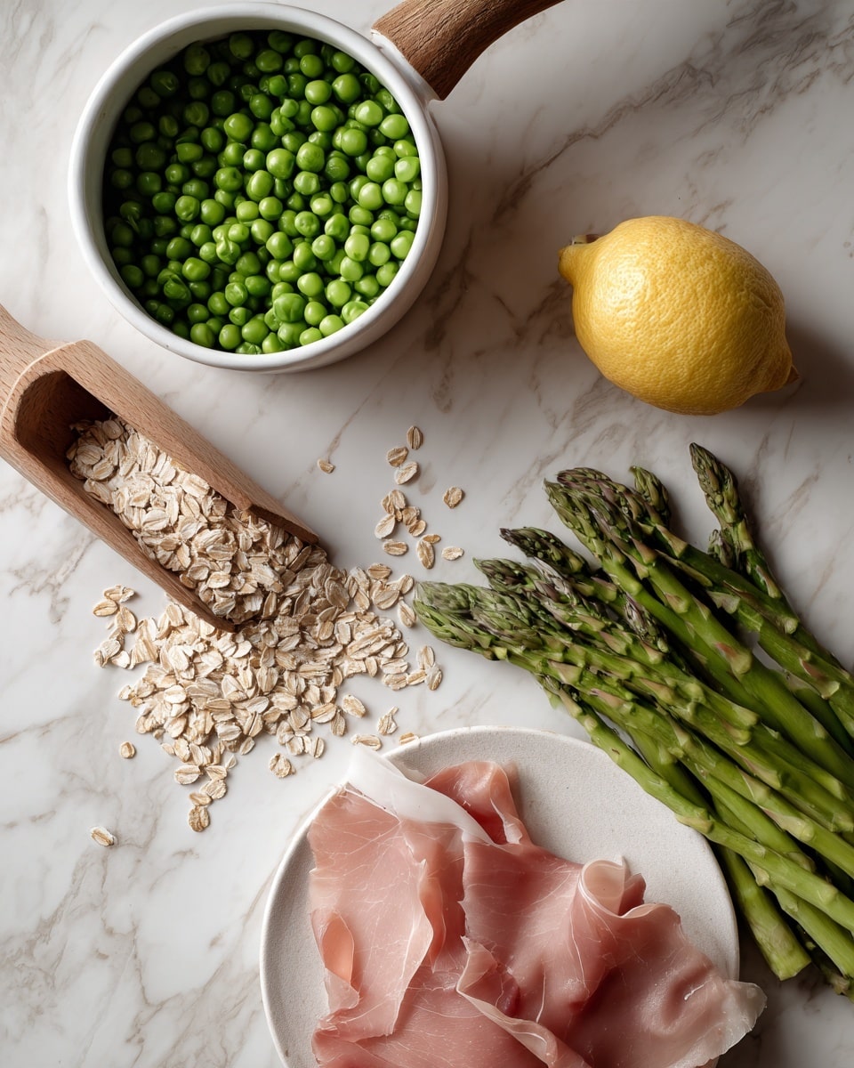 The image shows a white marbled surface with several ingredients arranged neatly. In the top left, a white pot filled with bright green peas sits beside a wooden scoop full of light brown rolled oats. To the right, a halved yellow lemon rests next to a bunch of fresh green asparagus, all placed on the surface. In the foreground, thin slices of light pink cured meat are laid on a white plate. The textures vary from the smooth lemon skin to the rough oats and fresh asparagus with pointed tips. photo taken with an iphone --ar 4:5 --v 7
