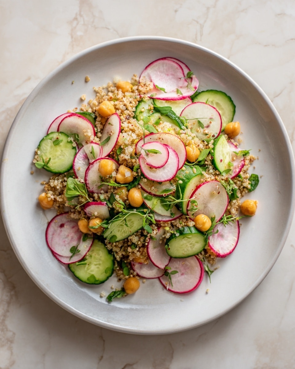 The image shows a white plate filled with a fresh salad on a white marbled surface. The salad has multiple layers: the base is light brown grains mixed with small white grains, topped with green cucumber slices and thinly sliced red radishes. Scattered chickpeas add a golden-yellow color, while small green herb leaves are sprinkled throughout. The textures vary from crunchy cucumber and radish to soft grains and firm chickpeas, creating a colorful, inviting dish. photo taken with an iphone --ar 4:5 --v 7