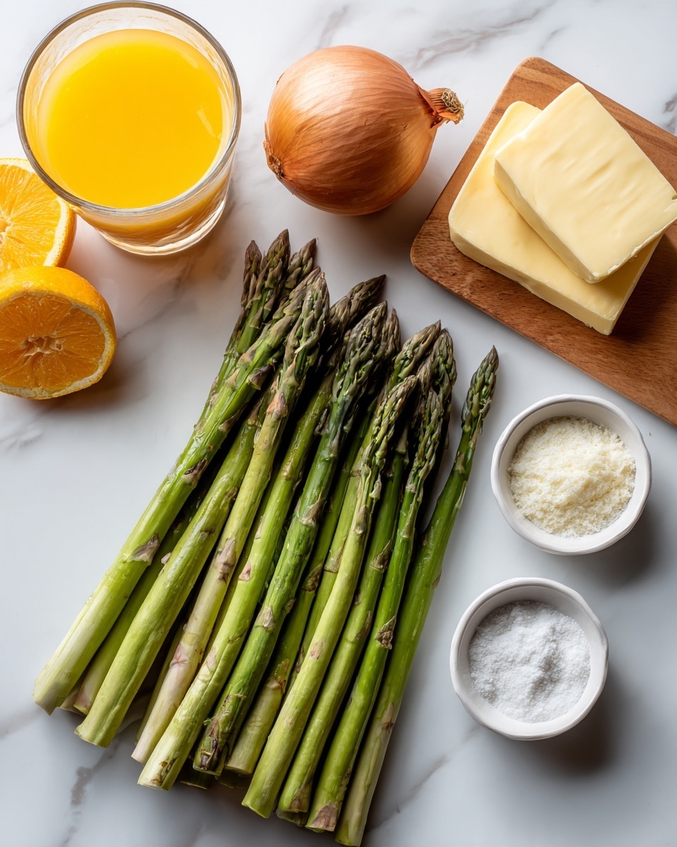 The image shows a group of fresh asparagus stalks laid out horizontally on a white marbled surface. Above them is a whole brown onion, and to the right are small white bowls containing a yellow block of butter, a white powder (likely flour), and a white granulated substance (likely salt). To the left is a transparent glass of orange juice, and above the juice is a light wooden board with two slices of yellow cheese stacked on it. The overall setup is clean and simple with soft natural light. photo taken with an iphone --ar 4:5 --v 7