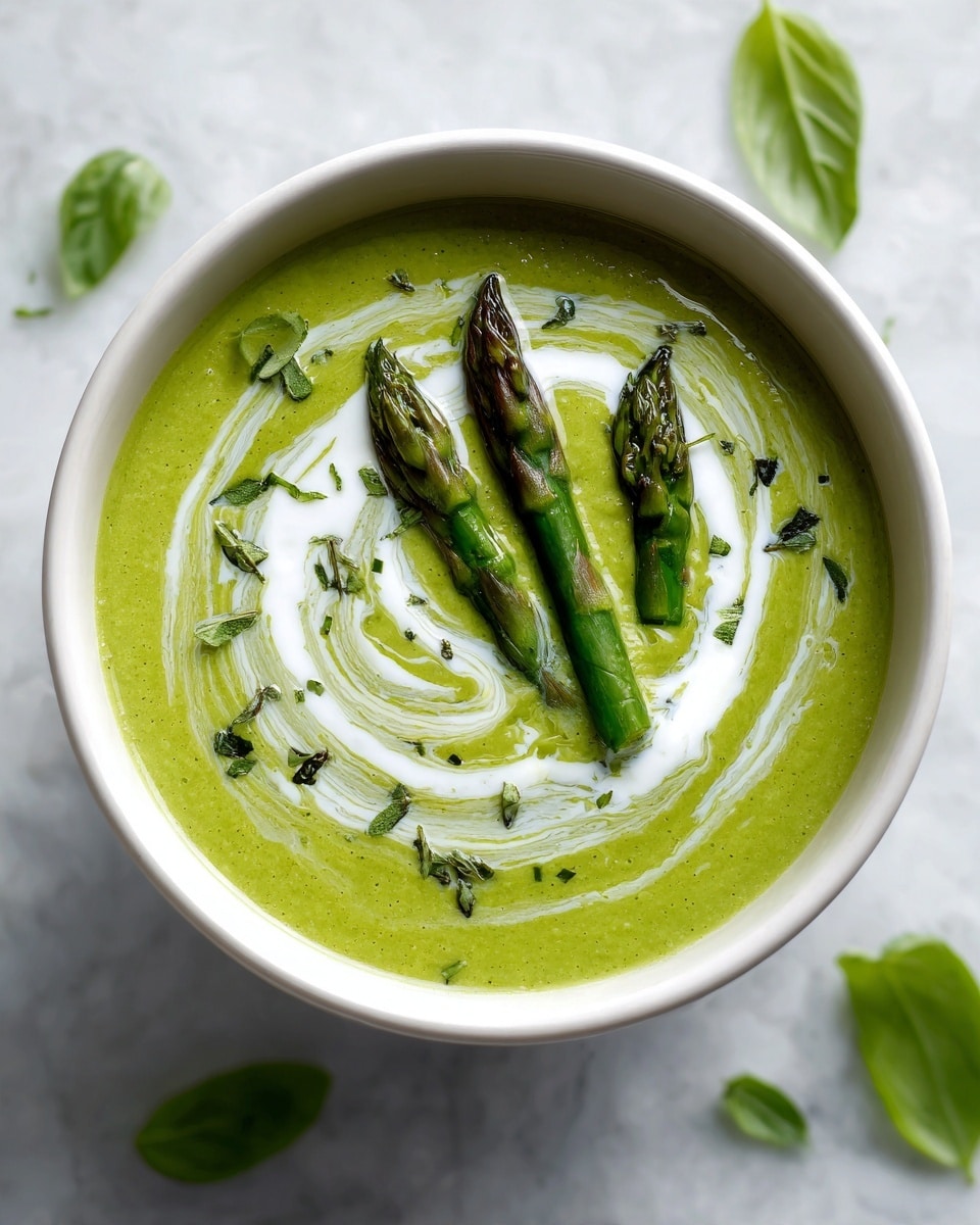 The image shows a bowl of creamy green soup with a smooth texture, swirled with white cream on top in a circular pattern. There are three green asparagus spears arranged in the center of the soup, and small green herb leaves sprinkled around the surface. The bowl is white and sits on a white marbled texture surface, with some fresh basil leaves visible around the bowl. The lighting is soft, highlighting the fresh and smooth appearance of the soup. Photo taken with an iphone --ar 4:5 --v 7