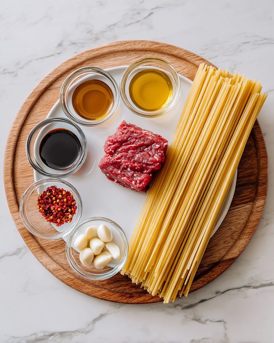 A white round plate sits on a wooden board with a small piece of raw red meat on the left side of the plate and a bundle of uncooked pale yellow spaghetti pasta arranged vertically on the right side of the plate. Around the plate on the wooden board are six small clear glass containers: starting from top left, one with a dark brown liquid, one with a light brown liquid, one with a dark thick sauce, one with red chili flakes, one with three peeled white garlic cloves, and one with a light-colored powder. The wooden board rests on a white marbled surface photo taken with an iphone --ar 4:5 --v 7