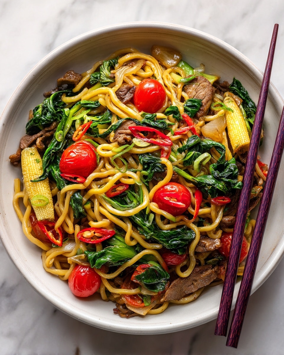 A white bowl filled with stir-fried noodles mixed with baby corn, bright red cherry tomatoes, green leafy vegetables, and thin brown slices of meat. The noodles are light golden with a slightly glossy texture, interwoven with colorful vegetables. Red chili slices are scattered on top, adding spots of deep red. A pair of purple chopsticks rests on the right side of the bowl. The bowl sits on a white marbled surface, emphasizing the vibrant colors of the food. Photo taken with an iphone --ar 4:5 --v 7