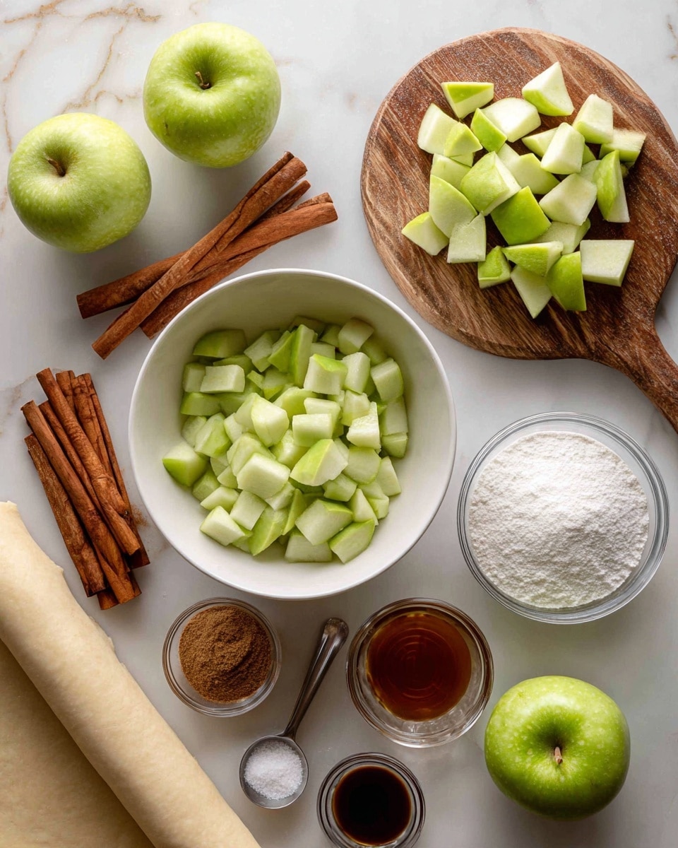 The image shows ingredients for an apple dessert arranged on a white marbled surface. There is a white bowl filled with small cubes of green apple in the center bottom, and more chopped green apple pieces on a wooden board at the top right. To the left, there is a rolled-out sheet of dough on the surface. Several cinnamon sticks lie near the top center, with measuring spoons of brown cinnamon powder, dark vanilla extract, and light brown sugar lined up below them. A clear glass bowl of white sugar is placed to the right of the measuring spoons. Two whole green apples are positioned—one at the top left and one at the bottom right corner. photo taken with an iphone --ar 4:5 --v 7