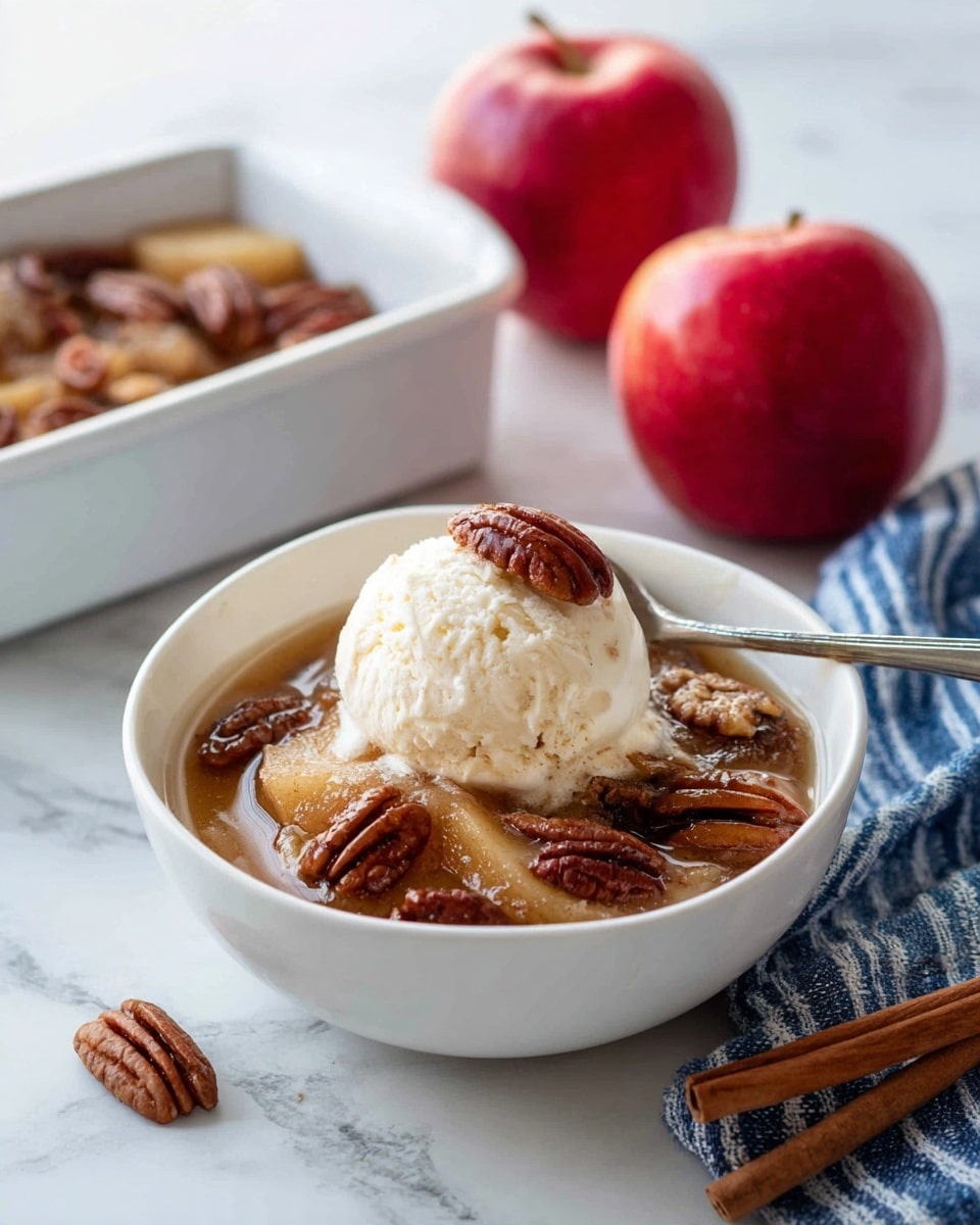 A white bowl sitting on a white marbled surface holds a dessert with three layers: the bottom layer is soft cooked apple slices in a thick light brown sauce, the middle layer is dark brown toasted pecans scattered on top, and the top layer is a scoop of creamy white ice cream with a pecan placed on it. A spoon stands upright inside the bowl, leaning on the side and partially buried in the dessert. On the top left corner, a white rectangular dish is filled with more cooked apple slices in sauce. Two whole red apples and a cinnamon stick lie on the white marbled surface to the right of the bowl. A blue and white striped cloth is placed under the dish. Photo taken with an iphone --ar 4:5 --v 7