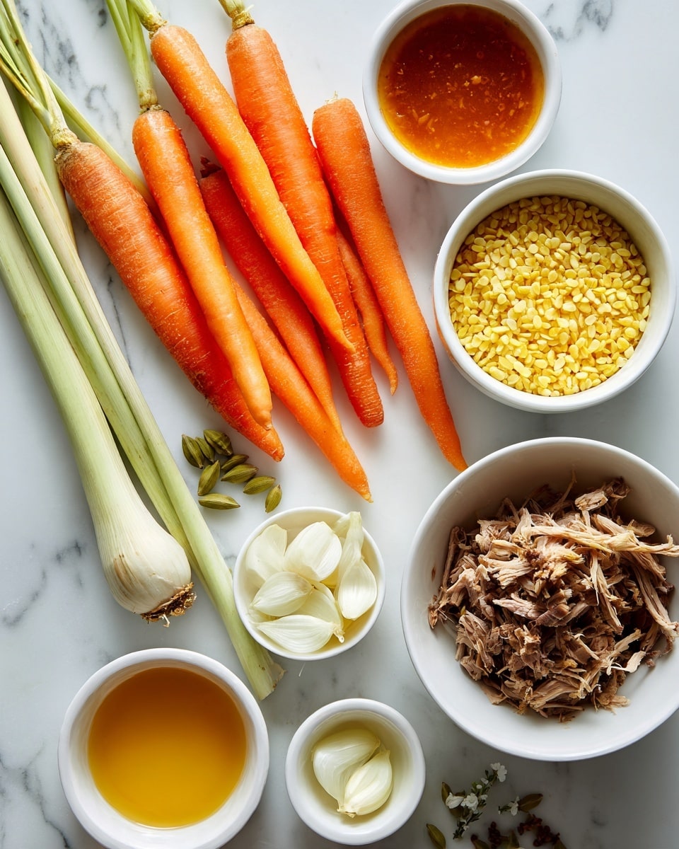 The image shows several white bowls and some fresh vegetables on a white marbled surface. There are three whole bright orange carrots lying next to three stalks of lemongrass and a few green cardamom pods. One white bowl is filled with small yellow grains, another bowl holds shredded light brown meat, and a smaller white bowl contains a clear golden liquid. Around the bowls are garlic cloves, sliced onion, and a bowl of reddish-brown sauce. Everything is neatly arranged, with the colors and textures clearly visible. Photo taken with an iphone --ar 4:5 --v 7