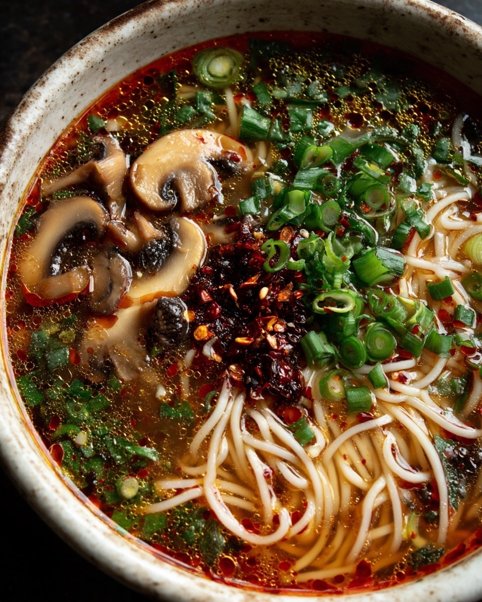 The image shows a bowl of noodle soup with several colorful layers. At the bottom, there are thin, white noodles floating in a clear broth with a reddish tint from chili oil spread across the surface. On top of the noodles, there are slices of light brown mushrooms and bright green chopped scallions scattered around. Dark red chili flakes and some small vegetables add contrast near the center. The bowl has a white marbled texture surface underneath, and the lighting shows the texture and colors in clear detail. photo taken with an iphone --ar 4:5 --v 7