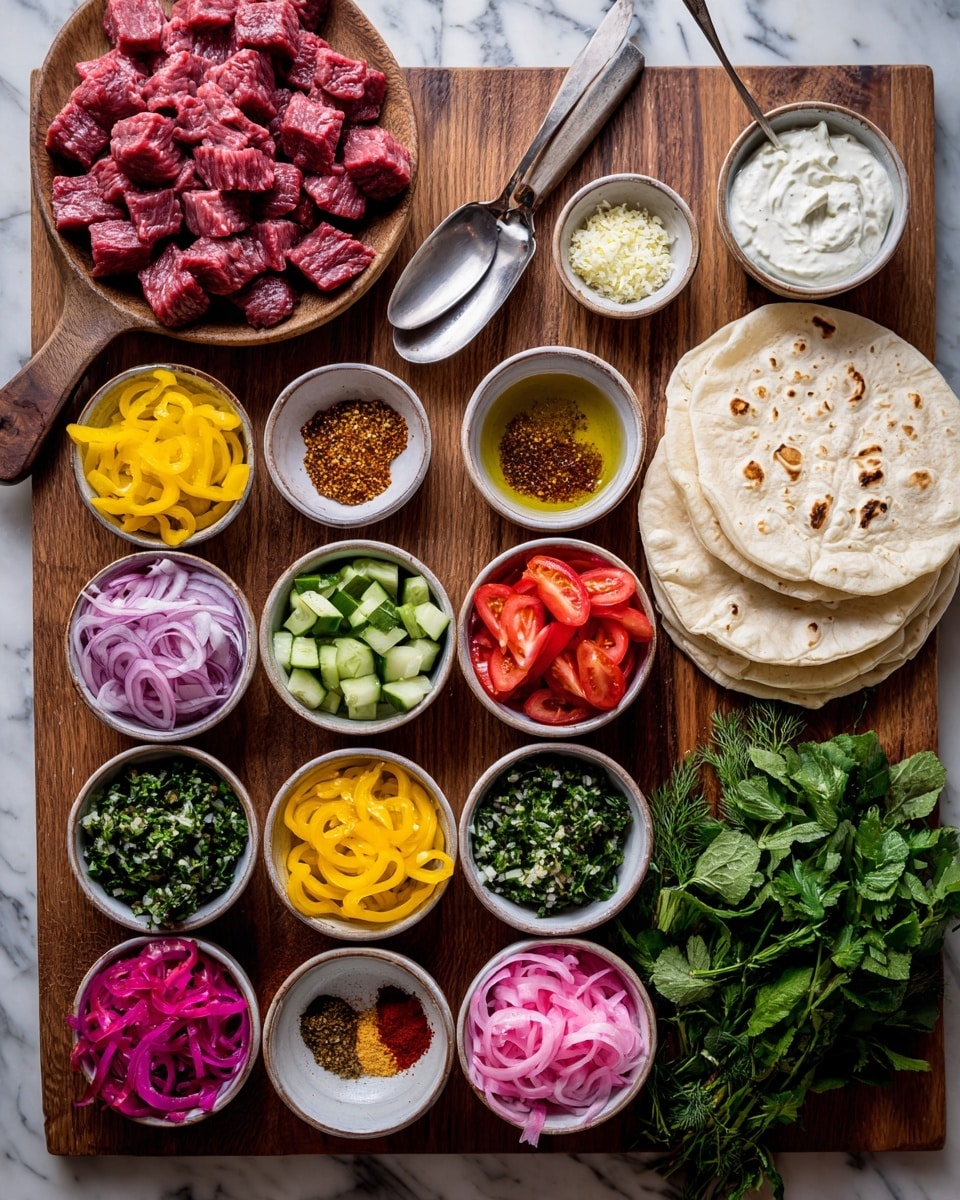 The image shows a wooden board with raw cubed meat placed on top, surrounded by many small round white bowls arranged in a grid. Each bowl contains colorful ingredients: sliced yellow, red, and green bell peppers, thinly sliced red onions, finely chopped leafy greens, bright cherry tomato halves, sliced cucumber, crushed garlic, mixed spices in different shades of brown and red, white creamy sauce with a spoon, and pickled pink onions. A stack of white flatbreads sits on the right side of the arrangement. Fresh green herbs are on a wooden chopping board with a white marbled surface underneath all the items, creating a clean background. A woman's hand holds a silver spoon resting near the herbs. photo taken with an iphone --ar 4:5 --v 7
