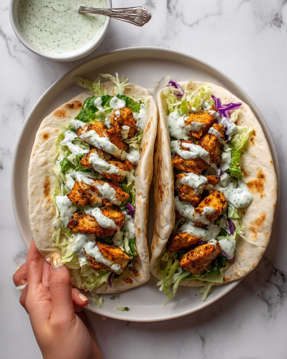 The image shows two soft flatbreads placed side by side on a white plate resting on a white marbled surface. Each flatbread is filled with several pieces of golden-brown grilled chicken layered on a bed of shredded green lettuce mixed with thin purple cabbage. A creamy white sauce with green herbs is drizzled generously over the chicken and vegetables, adding a fresh look. On the left side of the plate, there is a small white bowl filled with more of the creamy sauce, and a spoon inside it. Part of a woman's hand is seen holding one of the flatbreads lightly at the top edge. The overall colors are warm with the golden chicken, green lettuce, purple cabbage, and white sauce contrasting nicely against the soft flatbread and plate. photo taken with an iphone --ar 4:5 --v 7